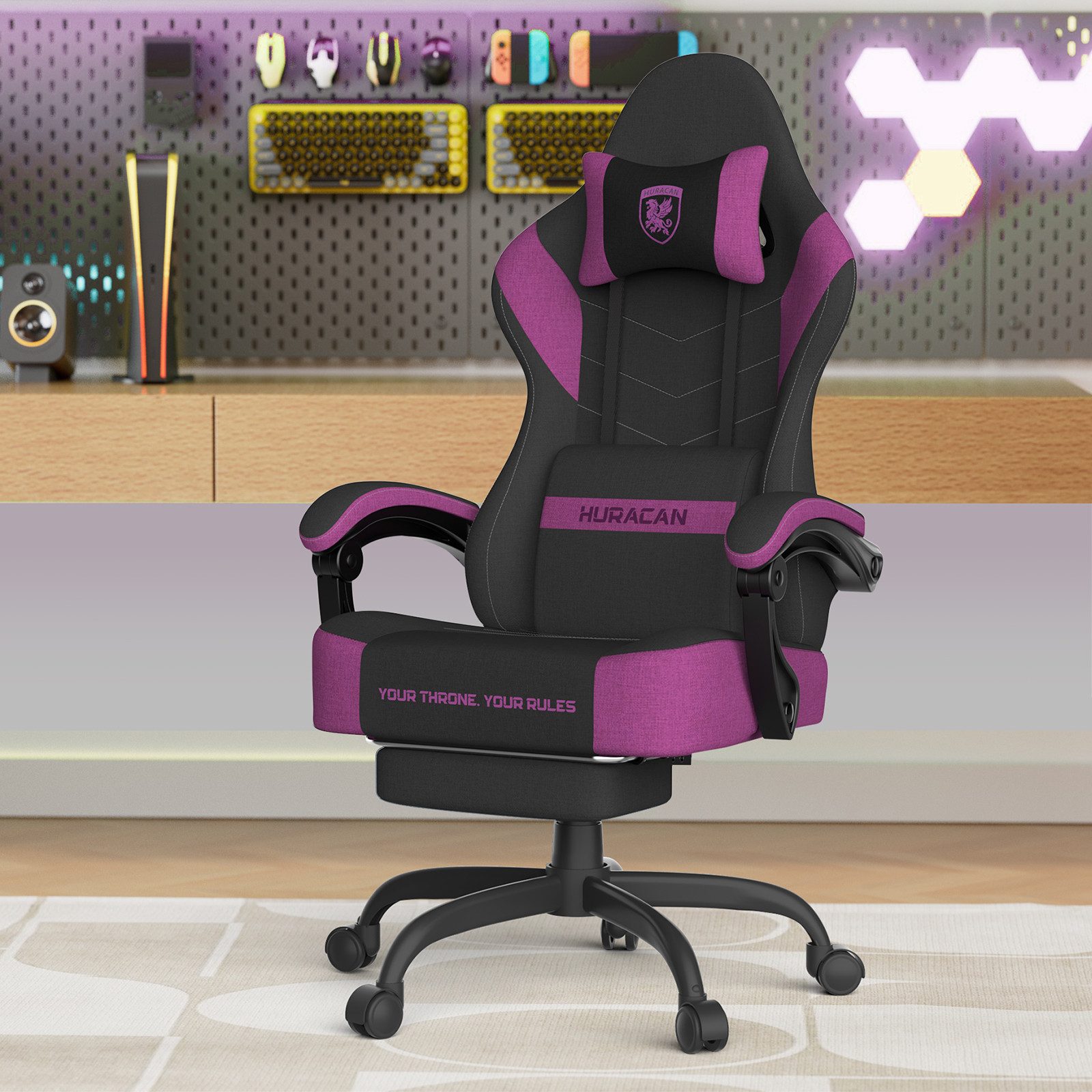 Huracan Gaming-Stuhl PC Stuhl,Gaming Sessel,mit Kopfstütze,Lumbarstütze,Fußstütze (Ergonomischer Gaming-Stuhl,90°–135° Neigung), 360° Drehbarer,ergonomisch Gamer Stuhl