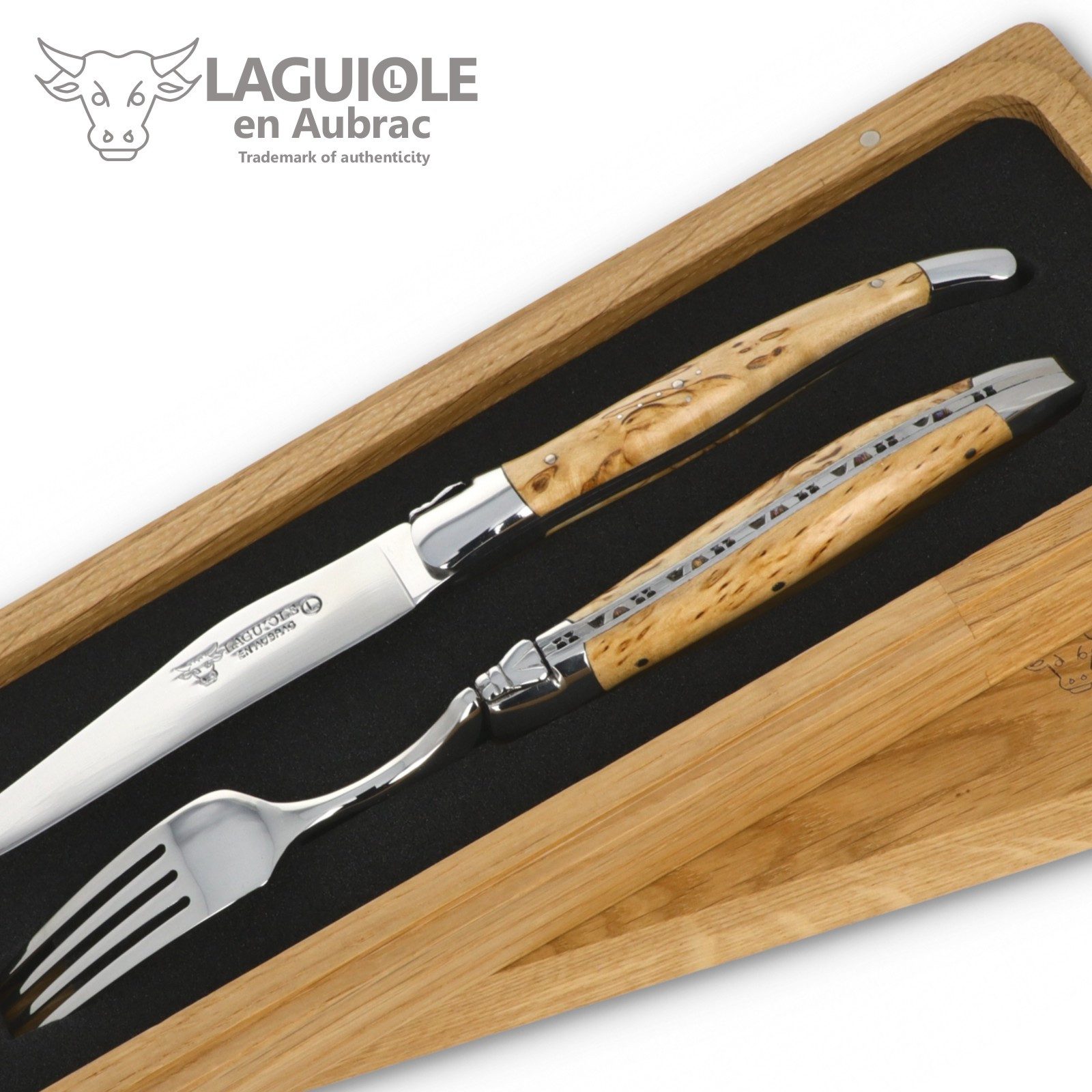 Laguiole en Aubrac Steakbesteck 1CF99BHIH BRI, 1 Messer / 1 Gabel - Griff Birke - Backen glänzend - Stahl glänzend