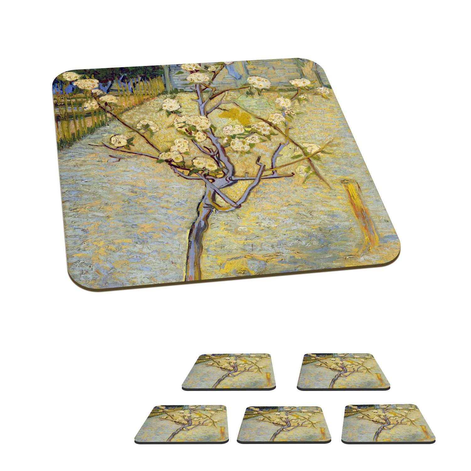 MuchoWow Glasuntersetzer Blühender Birnbaum - Gemälde von Vincent van Gogh, Zubehör für Gläser, 6-tlg., Glasuntersetzer, Tischuntersetzer, Korkuntersetzer, Untersetzer, Tasse