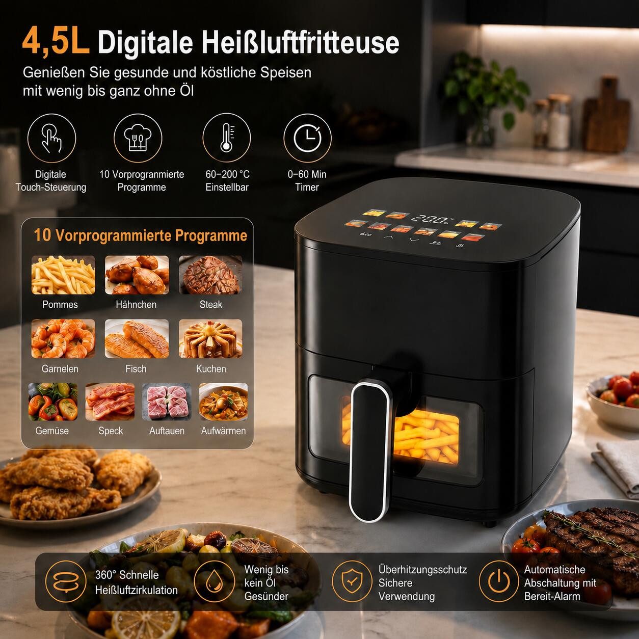 OZAVO Heißluftfritteuse 4,5L Airfryer digitales mit 10 Programme,Sichtfenster,LED-Display, 1200 W, Fettfreie & fettsparende gesunde Heißluftfritteuse,85% weniger Öl