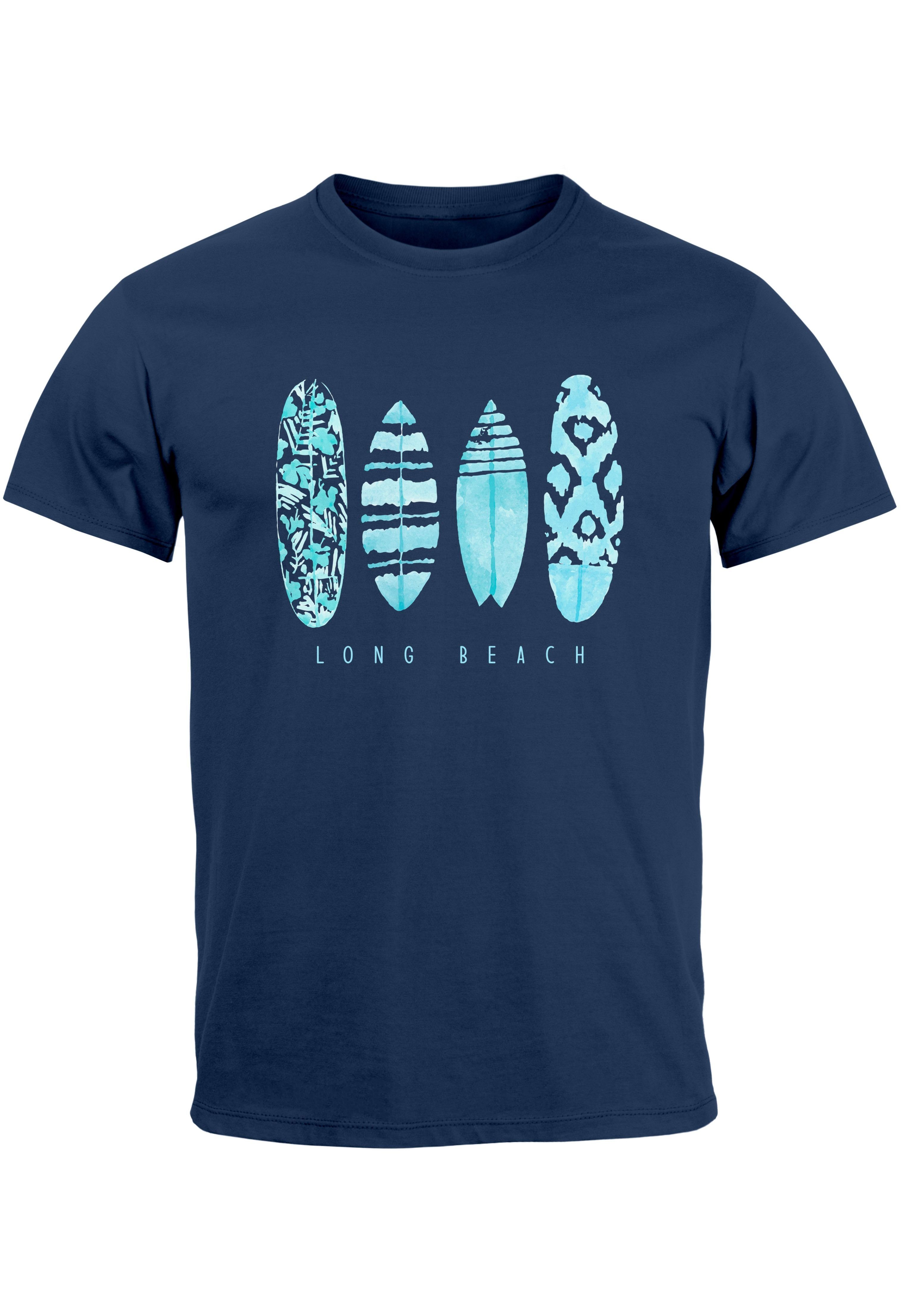 Aufdruck Herren Print-Shirt T-Shirt Neverless Sommer Print Fashion Surfboard navy-türkis Long St mit Surfing Beach
