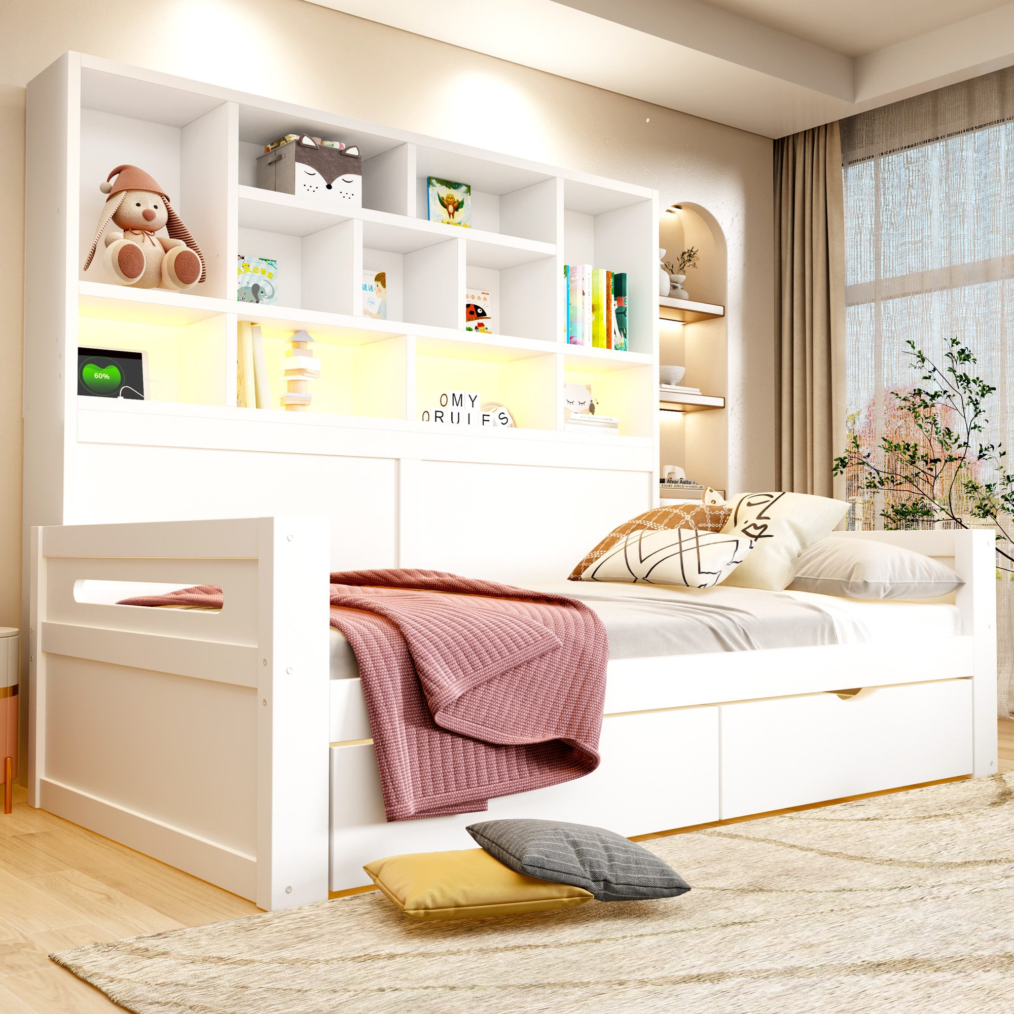 Flieks Holzbett mit vielem Stauraum, Daybett Kinderbett 90x200cm mit LED-Leiste, Aufladen, 2 Schubladen – Bild 2 von 5