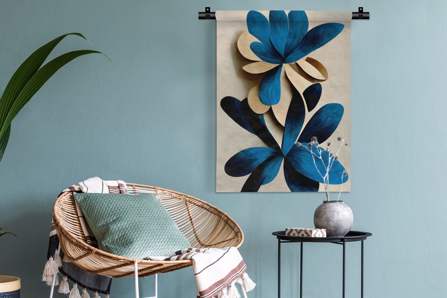 MuchoWow Lilie, Pflanzen Wanddekoobjekt Wand, Blätter - Tapisserie, an - - Wohnzimmer, für Schlafzimmer der Blau Deko