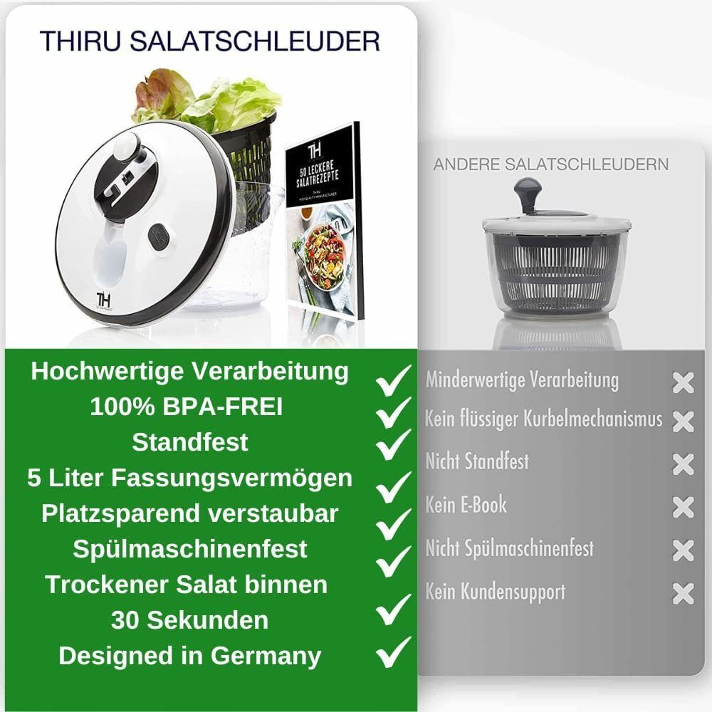 Thiru Salatschleuder - Kurbelmechanismus inkl. 50 E-Book, mit Premium 5L mit E-Book Dressing-Shaker 3D - Salatrezepten exklusiven Fassungsvermögen mit