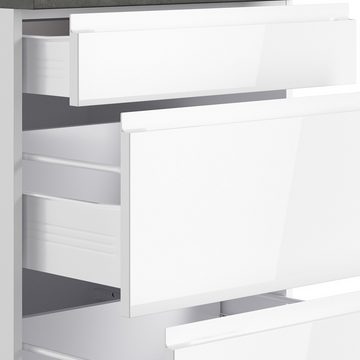 Lomadox Küchenzeile MARSEILLE-03, Fronten Hochglanz weiß, Arbeitsplatte Betonoptik, 300cm, ohne E-Geräte