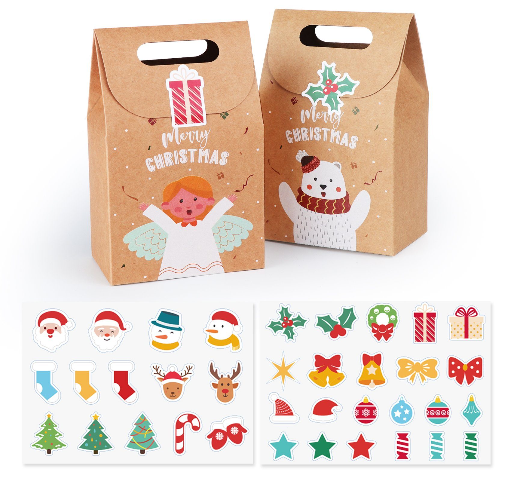 Homewit Christbaumschmuck Papiertüten Mitgebsel Kraftpapier Stile Weihnachten Geschenktaschen 6 Geschenke mit (24-tlg), Geschenktüten verschiedenen mit Weihnachtsmotiven