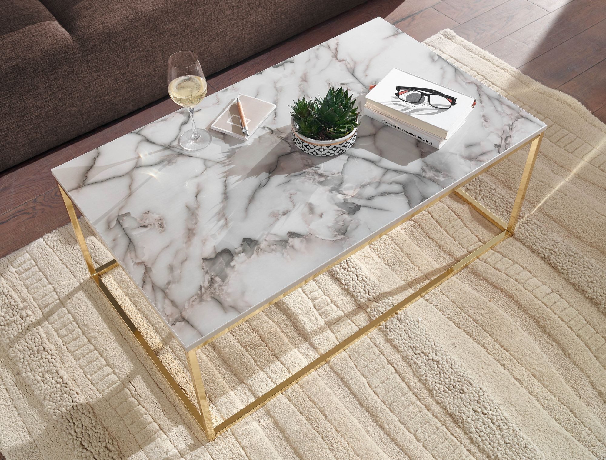 FineBuy Couchtisch 100cm rechteckig mit Marmor Optik Metallgestell – Moderner Wohnzimmertisch - Design Sofatisch für Wohnzimmer eckig – Bild 4 von 5