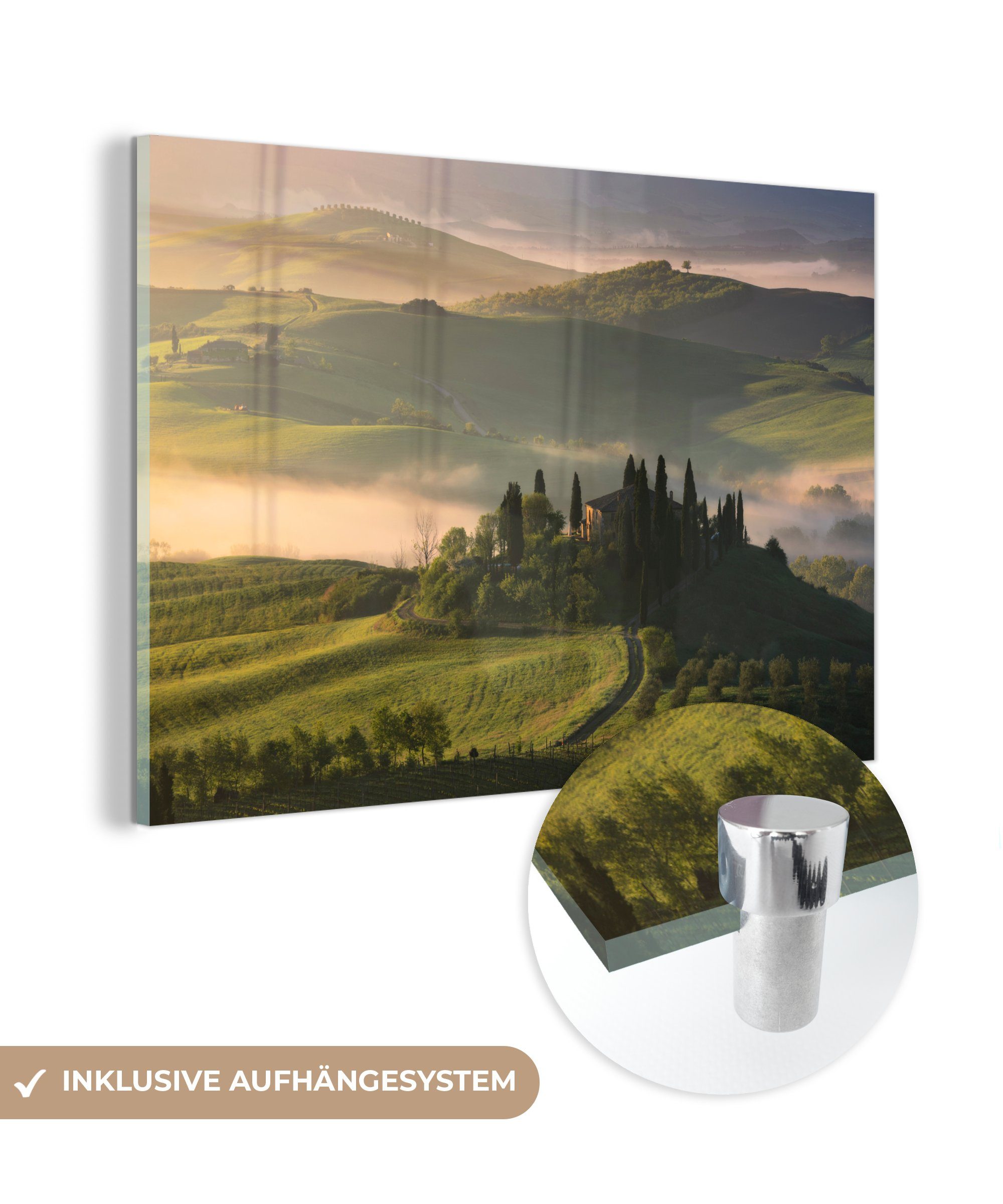MuchoWow Acrylglasbild Hügel in der Toskana und ein leichter Nebel, Inkl. Aufhängung, Glasbilder Wohnzimmer & Schlafzimmer XXL, 120x80 cm