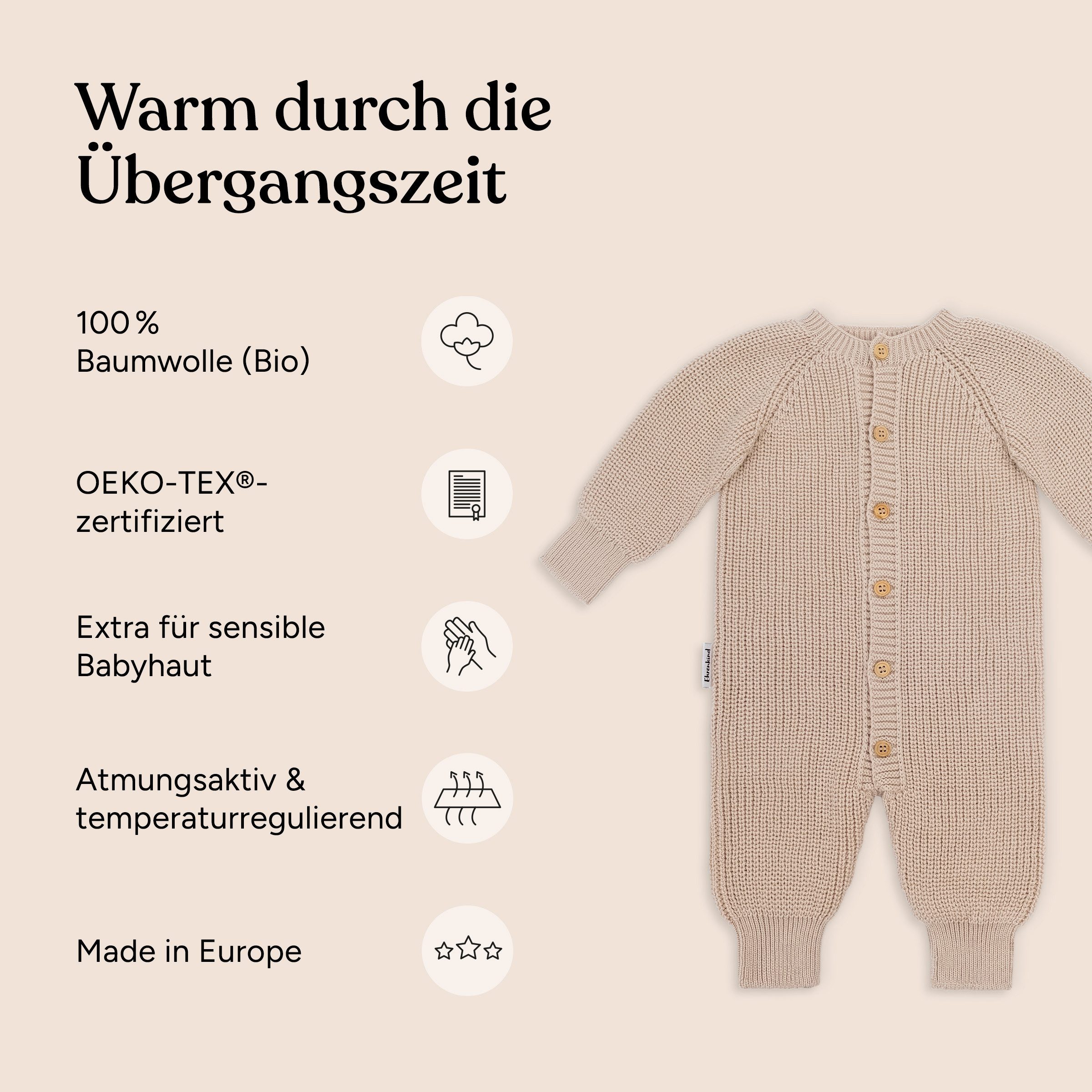 Ehrenkind Strampler Strickoverall Baby aus Bio-Baumwolle mit Knöpfen (Hellgrau, weich & atmungsaktiv, temperaturregulierend) Für jede Jahreszeit
