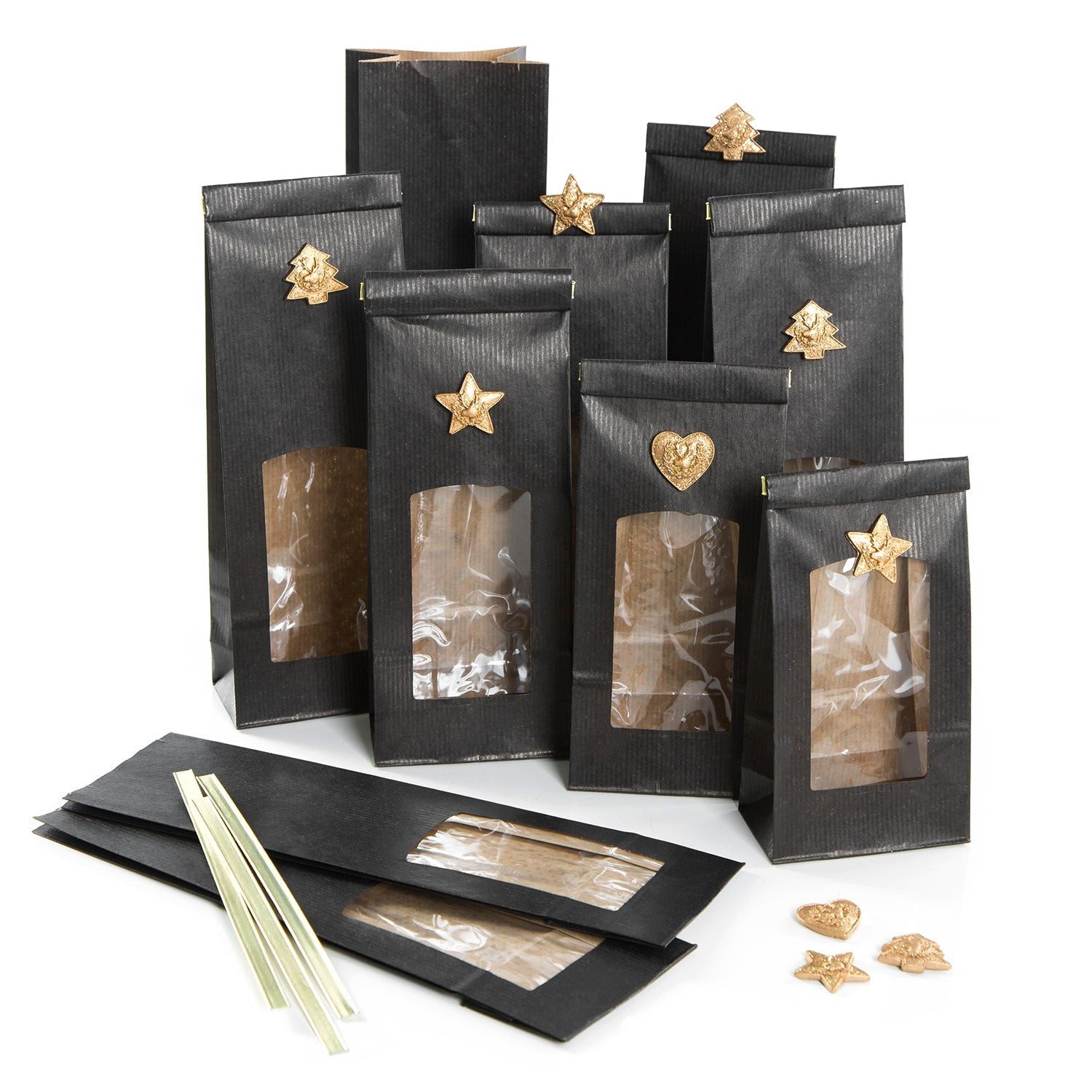 Logbuch-Verlag Geschenkbox 12 Blockbodenbeutel schwarz mit Sichtfenster und Weihnachtsdeko zum