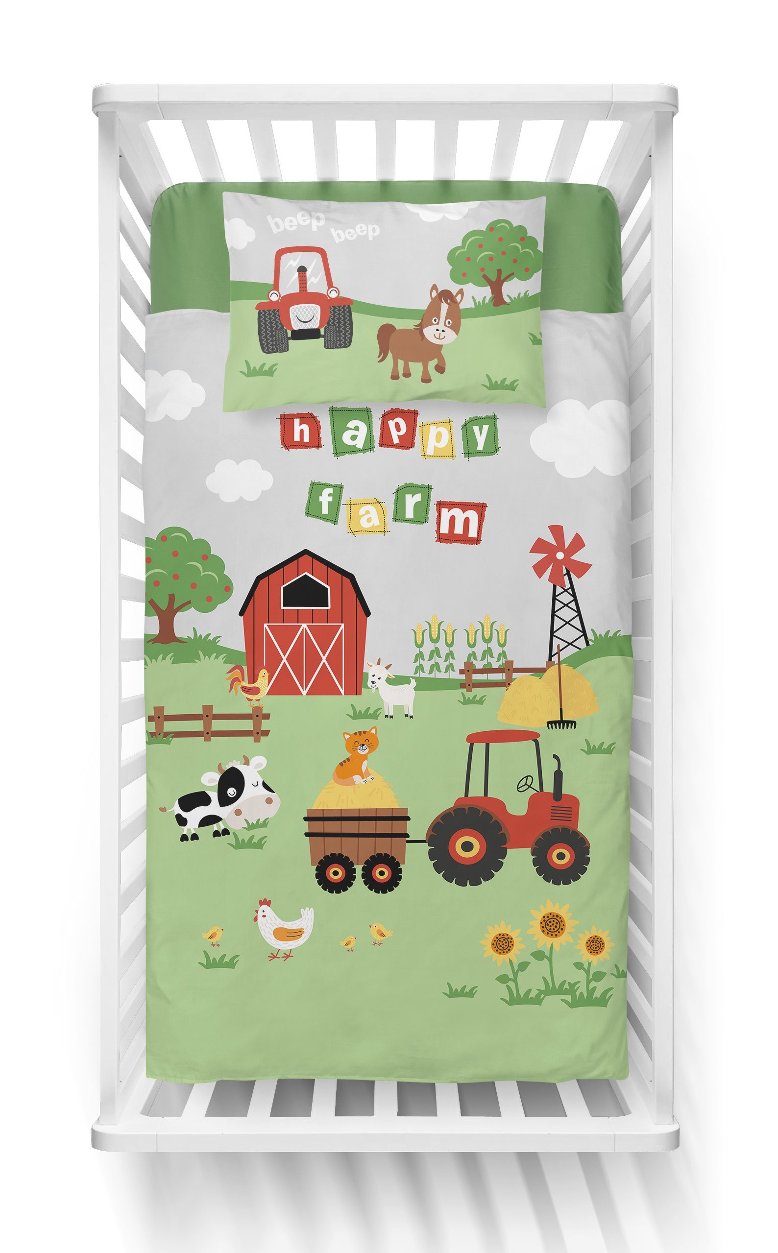 Häßler Homefashion Babybettwäsche Traktor blau Bauernhof 100% Baumwolle Größe: 100x135 cm, 40x60 cm, Baumwolle, 2 teilig