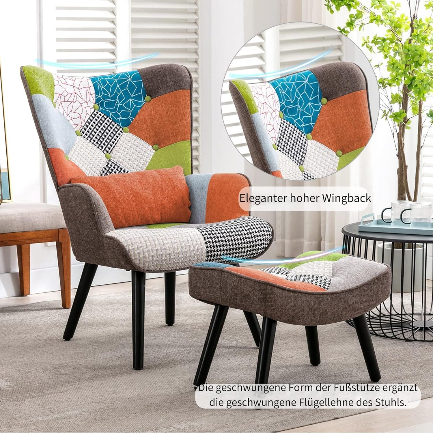 HomeMiYN Ohrensessel Relaxsessel Lehnstühle Patchwork Ohrensessel mit Hocke günstig online kaufen