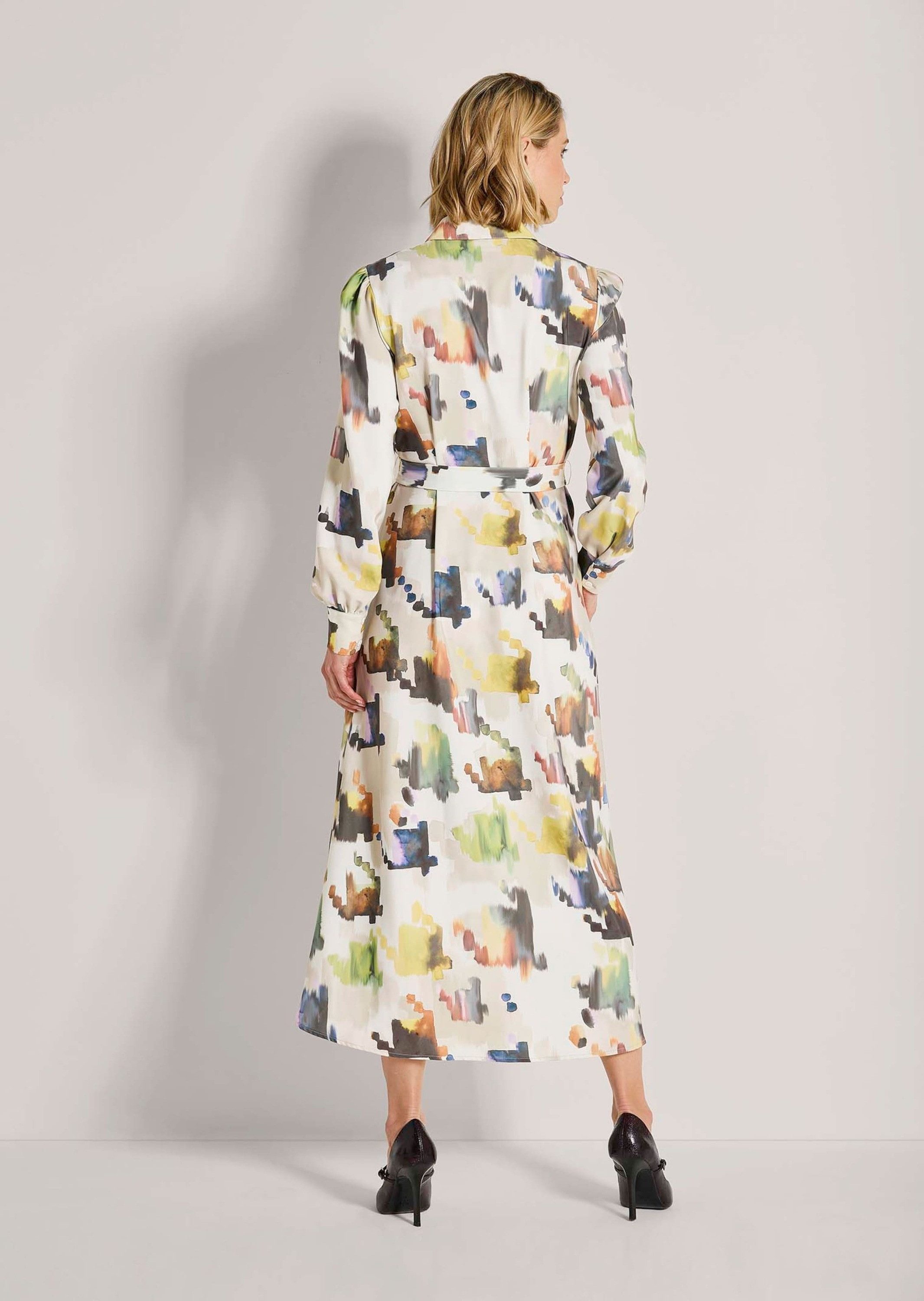 MADELEINE Midikleid Modernes Hemdblusenkleid mit Taillengürtel Langarmkleid mit Ethno-Muster und Hemdkragen
