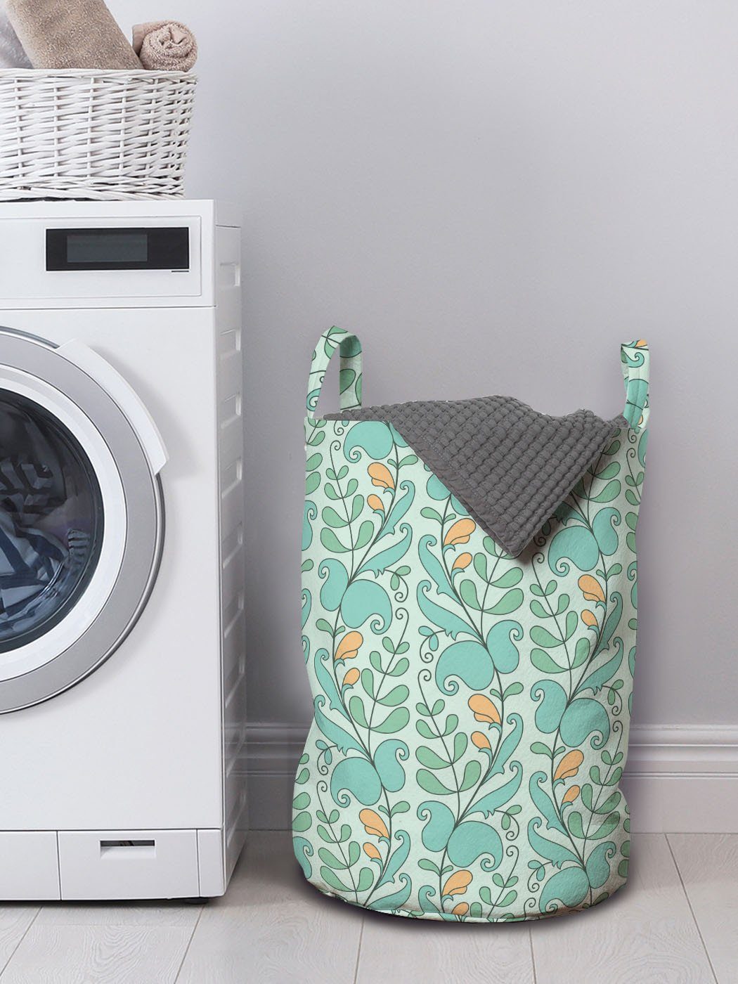 Kordelzugverschluss Hintergrund Waschsalons, Laub auf Blätter Abakuhaus Griffen für Wäschesäckchen Wäschekorb mit grünem