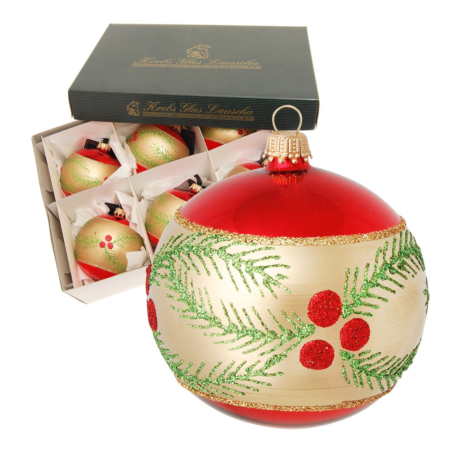 Krebs Glas Lauscha Christbaumschmuck Rot glanz/Gold matt 8cm Glaskugel mundgeblasen und weihnachtlich handd (6-tlg)