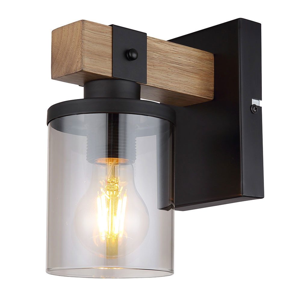 GLOBO LIGHTING LED Wandleuchte, Leuchtmittel inklusive, Warmweiß, LED Wandleuchte Wandlampe Wohnzimmerlampe Retro Holz Rauchglas