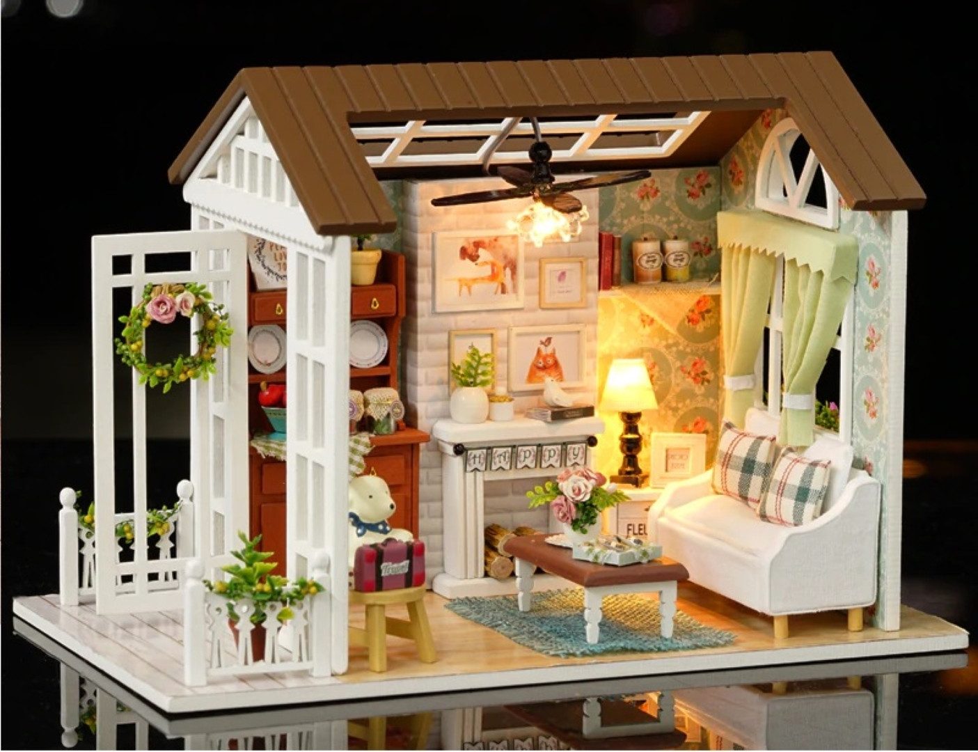 LA CUTE Puppenhaus Kinderzimmer-Puppenhaus Set: Holzhaus mit Möbeln und LED günstig online kaufen