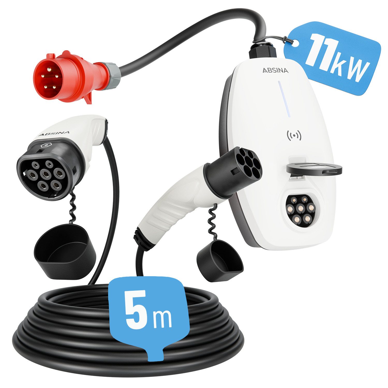 Set aus Wallbox 11kW CEE mit APP & Typ 2 Ladekabel 11kW 5 Meter Elektroauto-Ladegerät