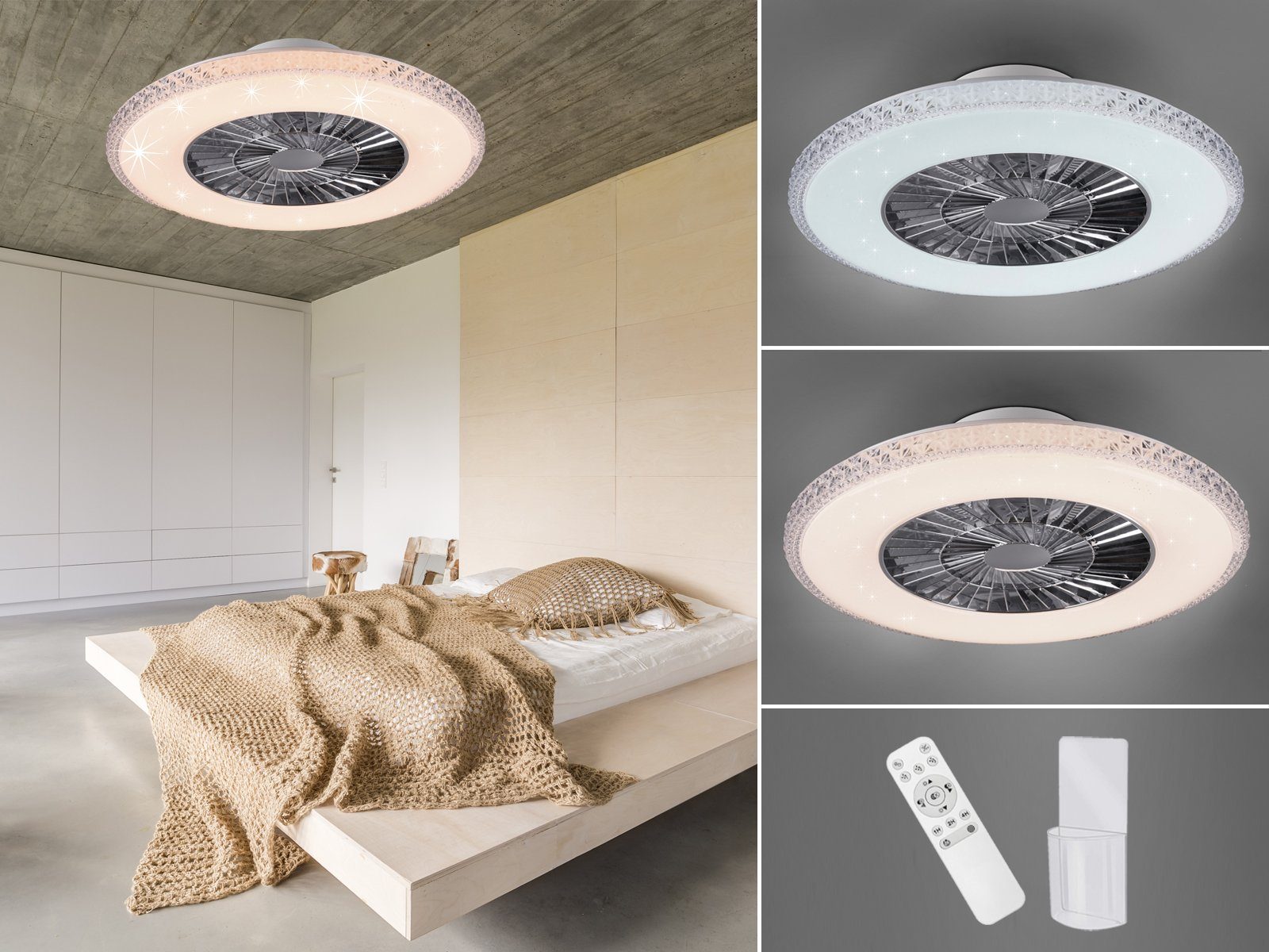 meineWunschleuchte LED Deckenleuchte, Dimmfunktion, Nachtlichtfunktion, LED  fest integriert, Lichtfarbe einstellbar, Decken-ventilator-en mit Licht,  Deckenlüfter Sternenhimmel, Ø60cm