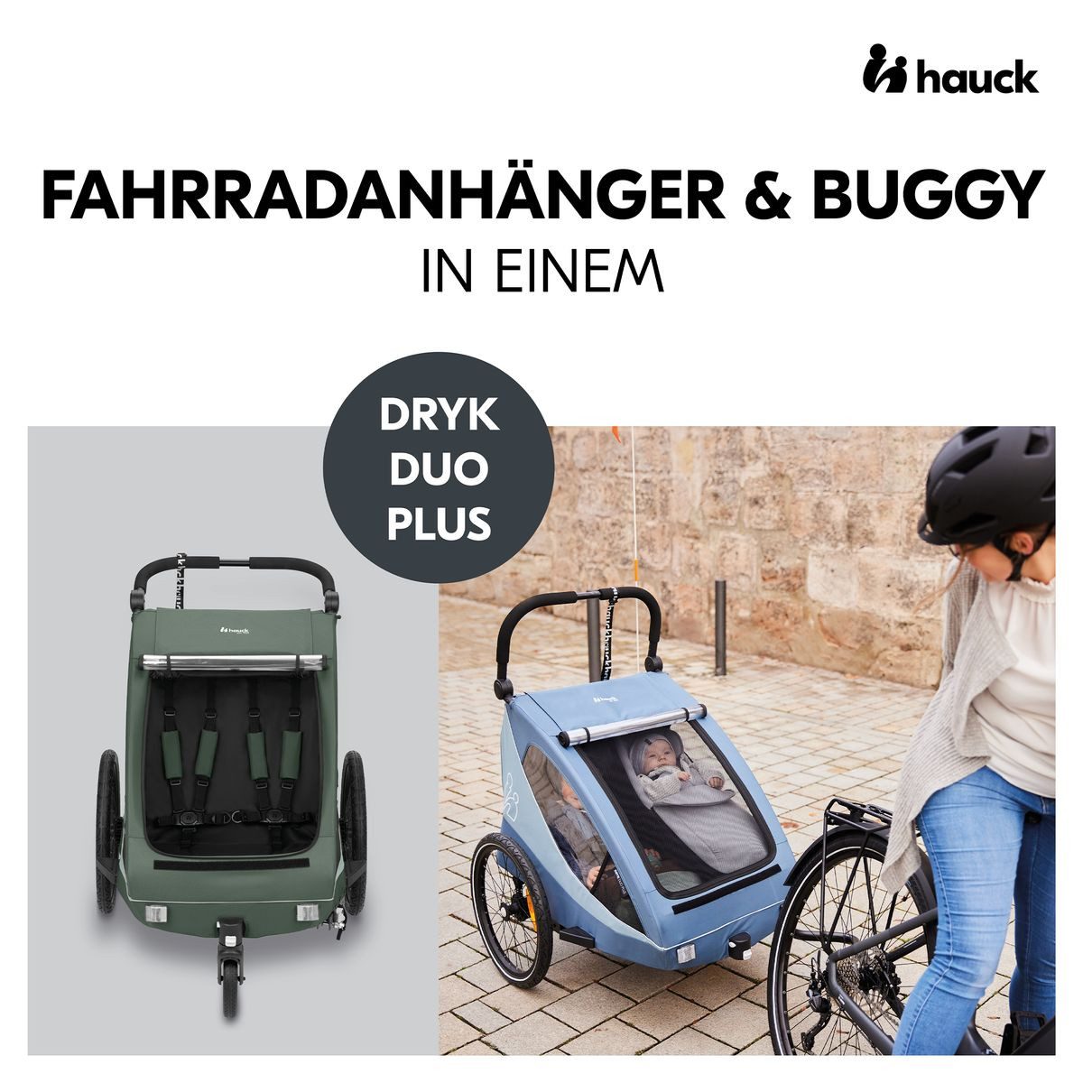 Hauck Fahrradkinderanhänger Dryk Duo Plus - Dark Green, Fahrradanhänger Buggy für 2 Kinder mit Regen-& Sonnenschutz bis 44 kg