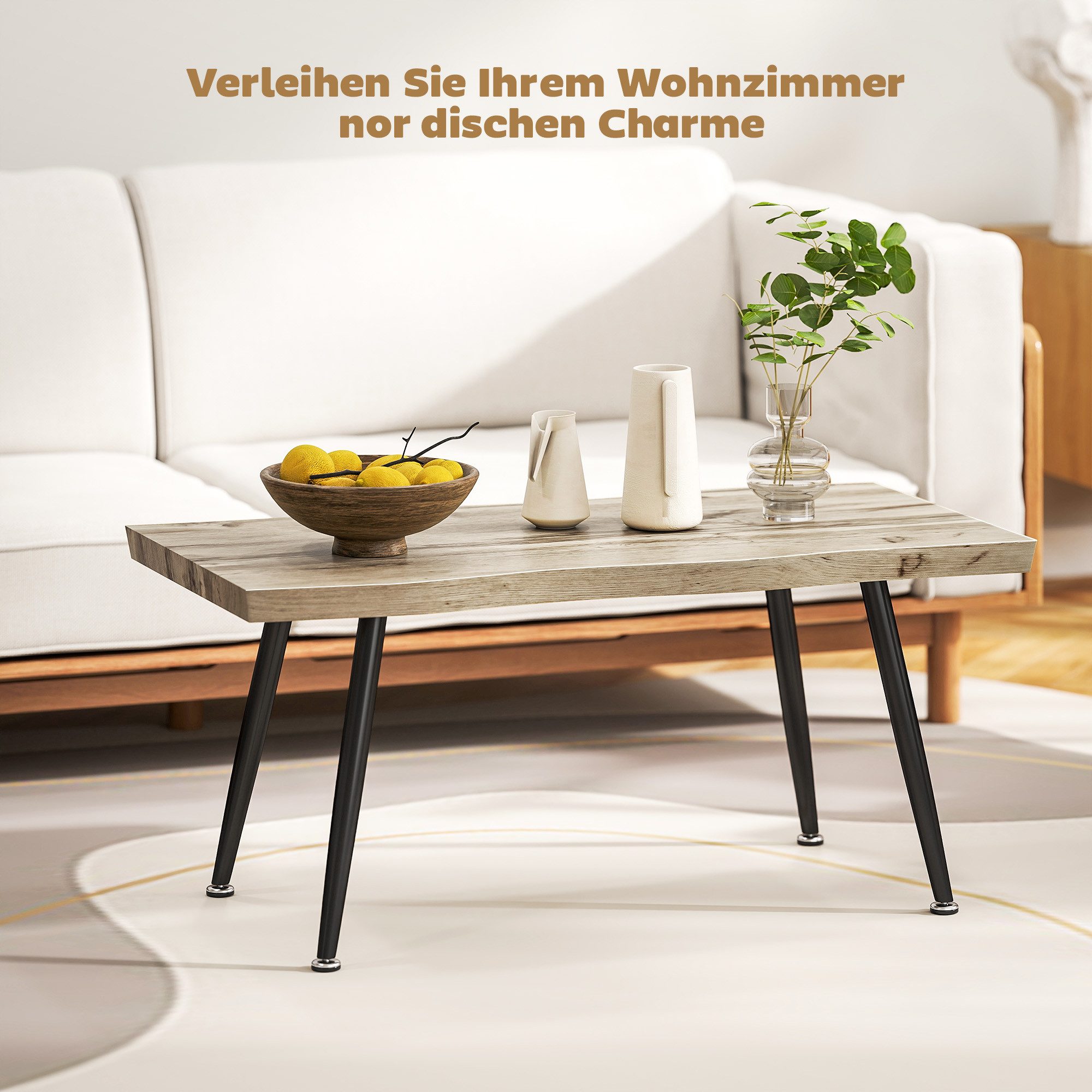 HOMCOM Couchtisch Wohnzimmertisch Sofatisch mit Stahlbeine, 4 cm dicker Tischplatte (Kaffeetisch, 1-St., Beistelltisch), für Wohnzimmer, Schlafzimmer, Eiche+Sch – Bild 4 von 5
