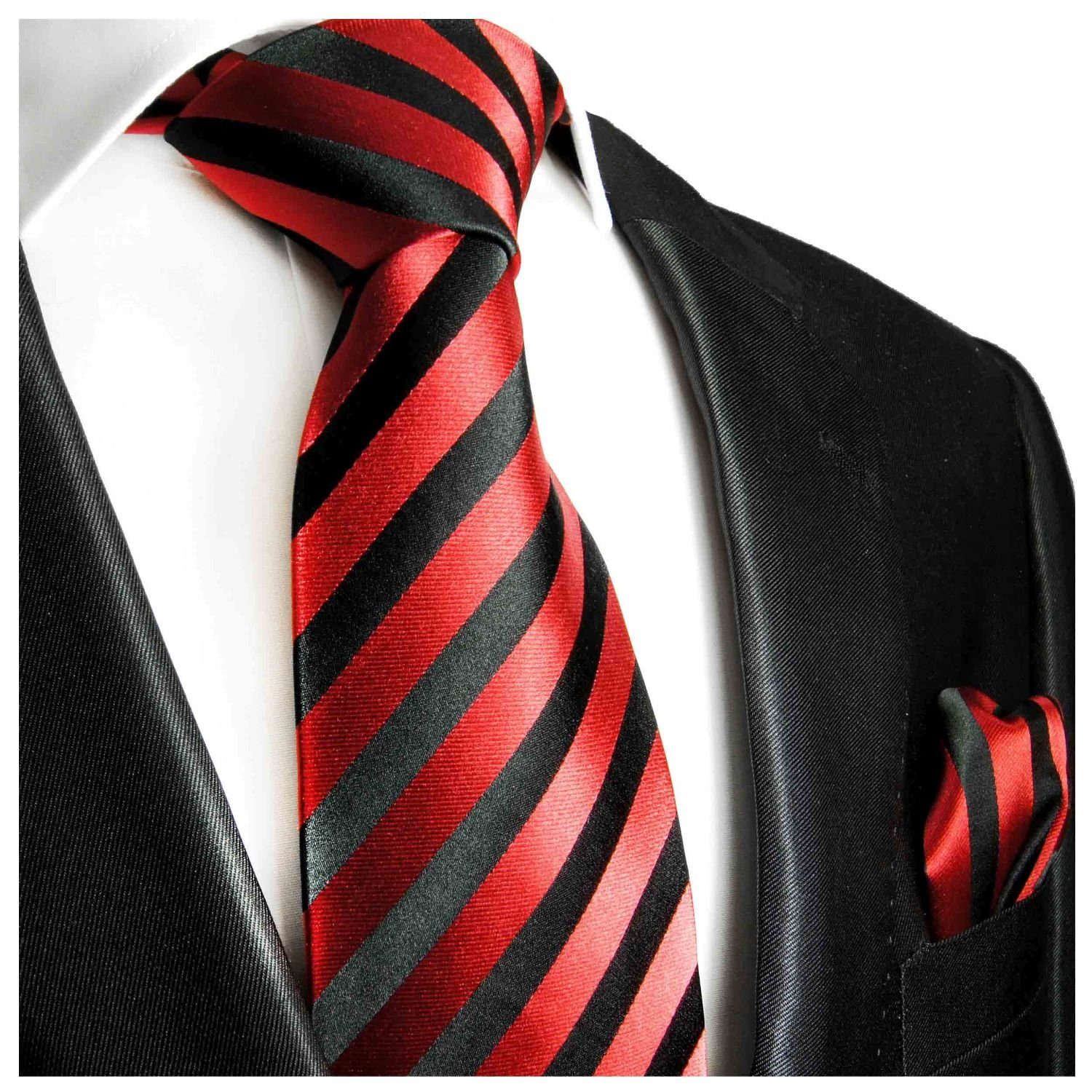 Paul schwarz Seidenkrawatte 2-St., gestreift 452 100% Krawatte Einstecktuch) Breit rot mit Tuch und (Set, modern (8cm), Seide Krawatte Herren Malone