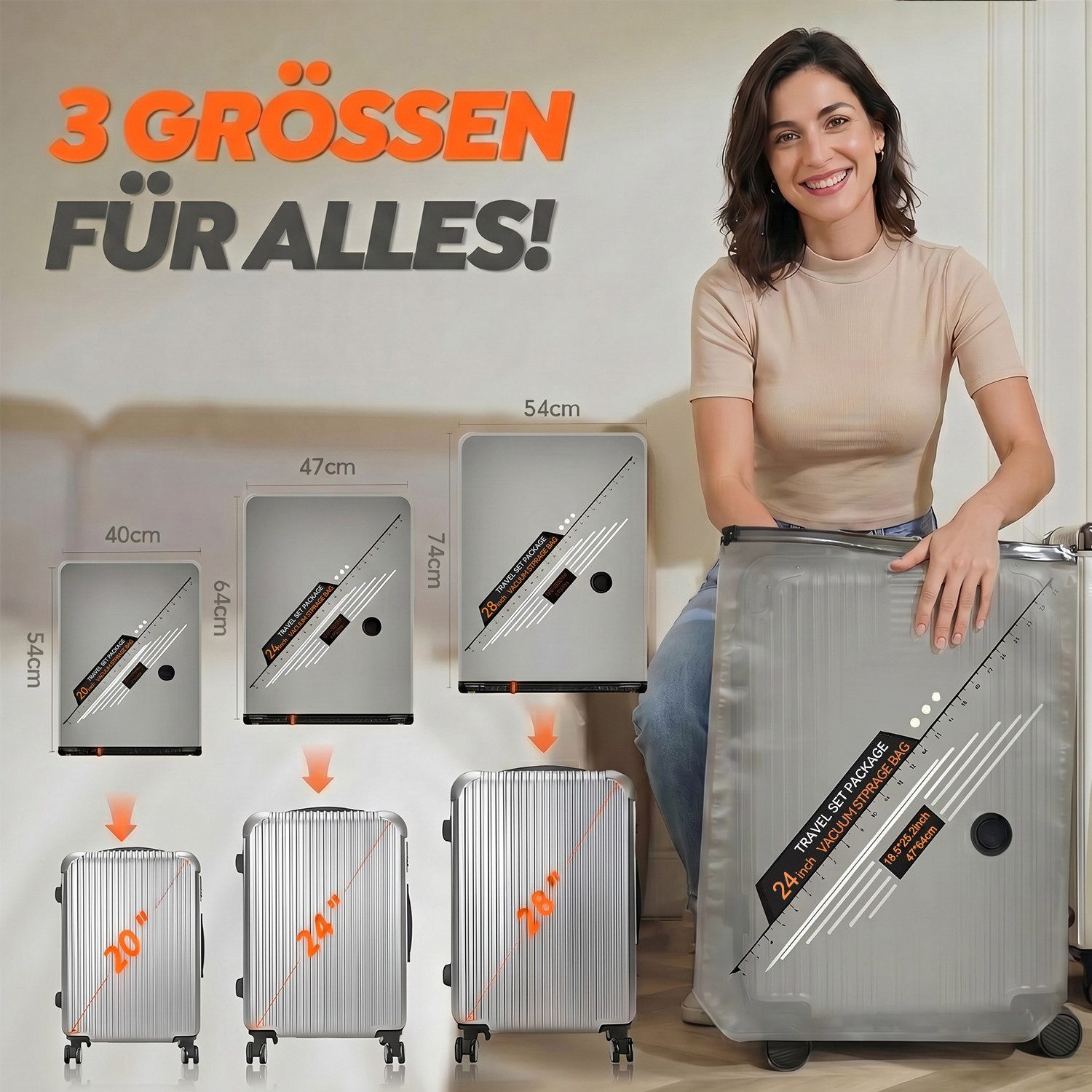 Futicare Kofferorganizer Set mit kabelloser Akku-Vakuumpumpe (10-tlg., Vakuumbeutel in 3 Größen für Reise, Kleiderschrank & Aufbewahrung)