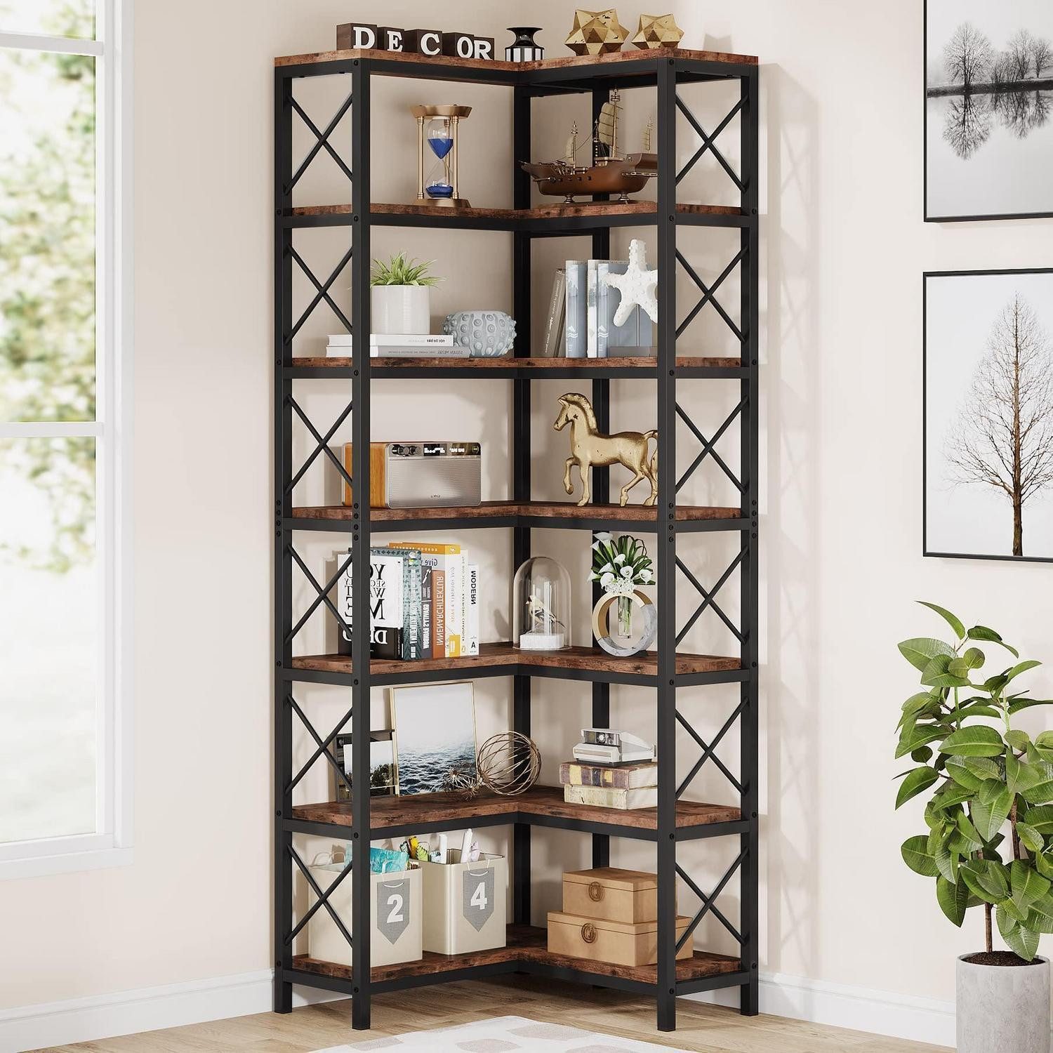 LuxusKollektion Eckregal Eck-Bücherregal 7 Ablagen Vintage Braun, 1-tlg.