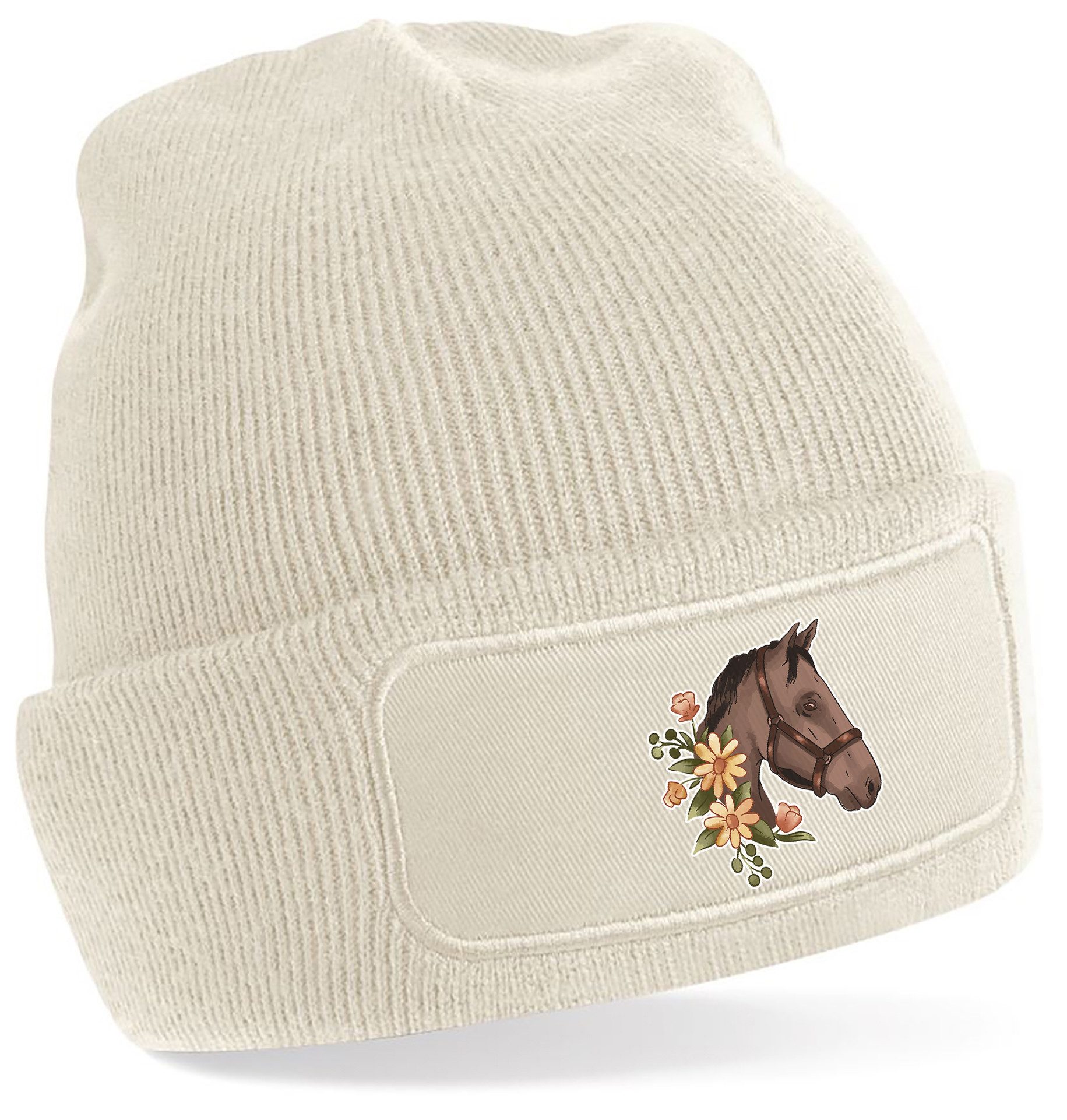 Strickmütze für kalte Tage - Beanie mit Umschlag und Pferdekopf Print