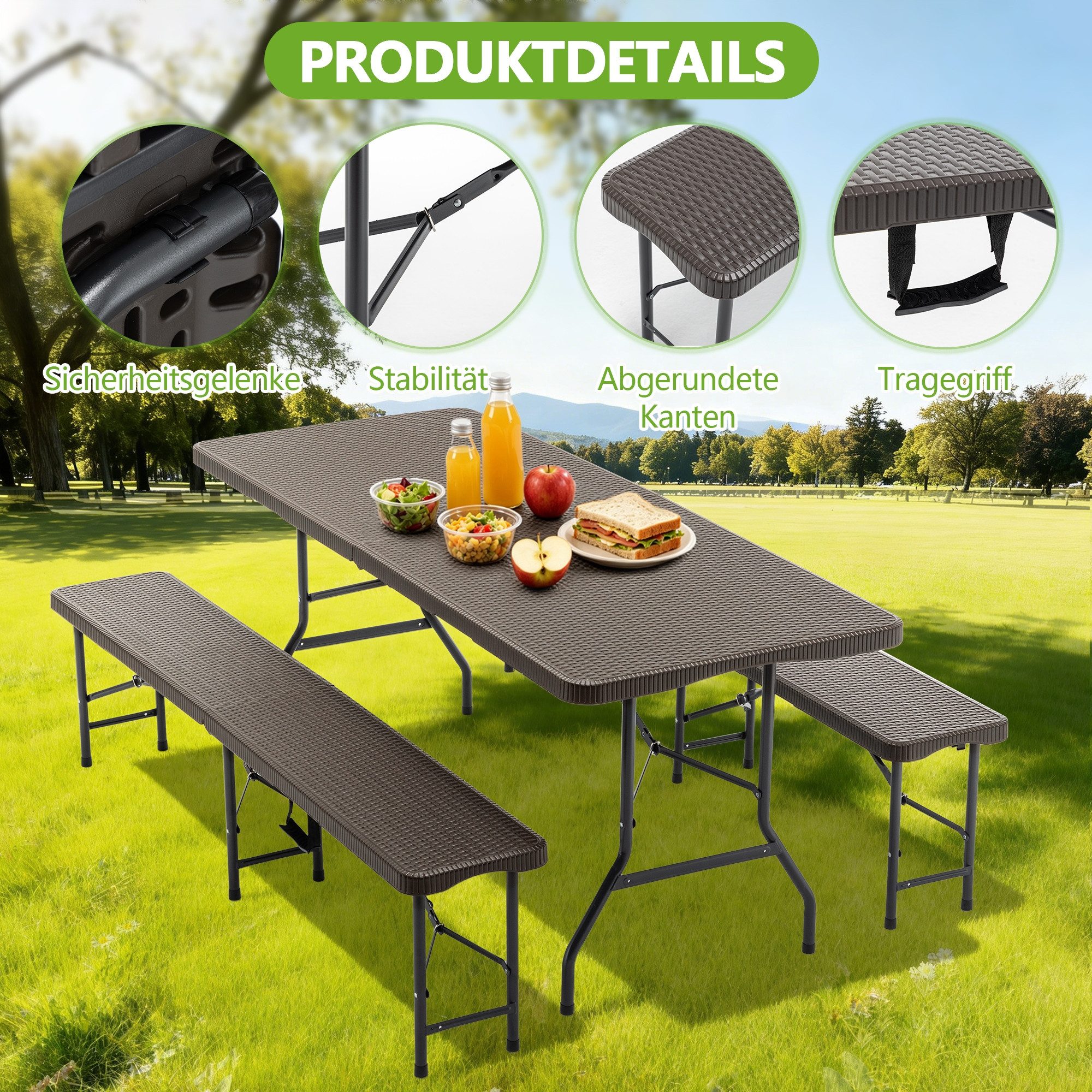 BlingBin Bierzeltgarnitur 3-teiliges Gartenmöbel Set Klappbarer Picknicktisch mit 2 Bänken, (1er Set, 3-tlg., 3tlg), Balkonmöbel, Garten oder Terrassentisch Set, mit Tragegriffen