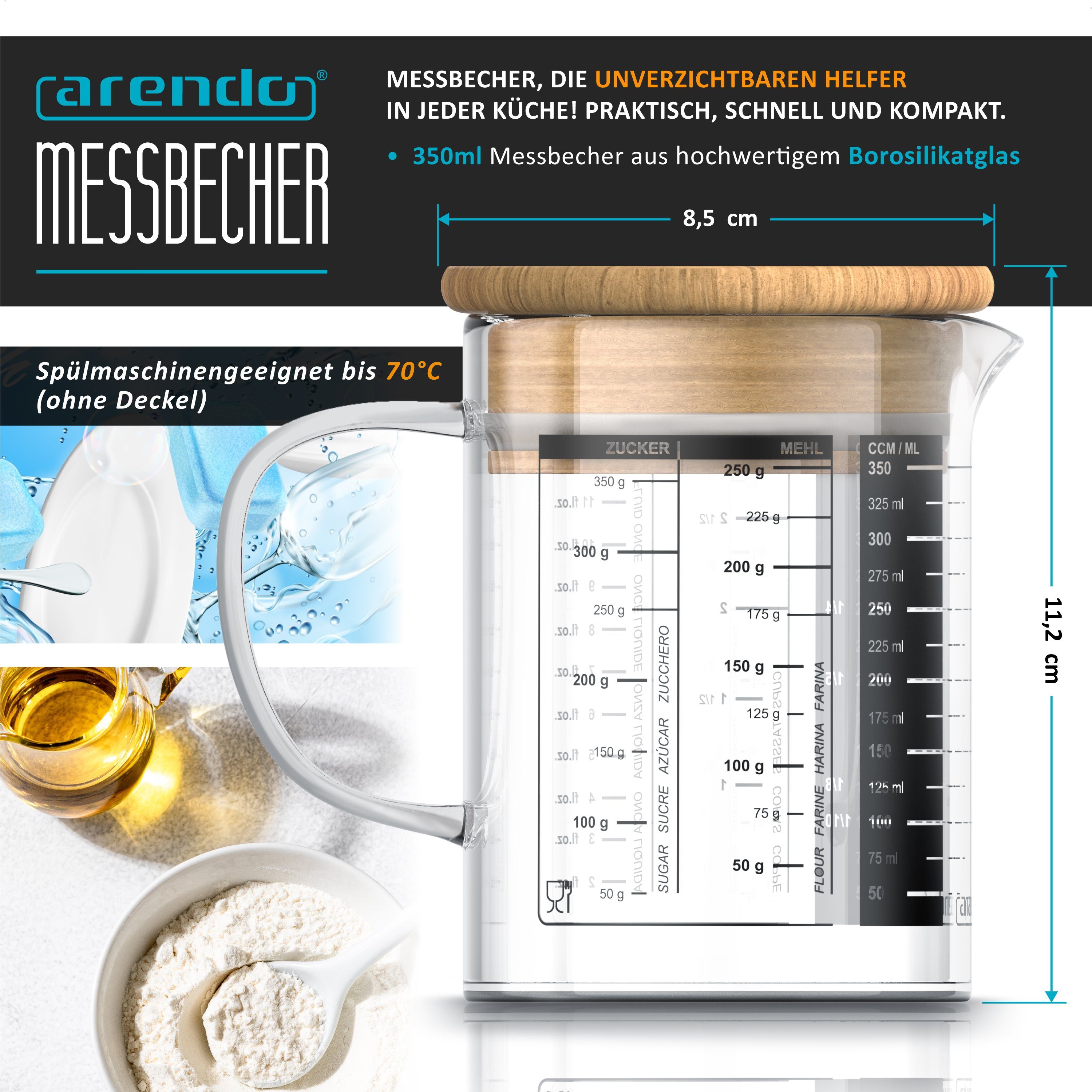 Arendo Messbecher Glasbehälter 350 ml luftdicht, Küchenbehälter mit Bambusdeckel, Glas, Silikondichtung, für Mehl Zucker Gewürze Flüssigkeiten Süßigkeiten