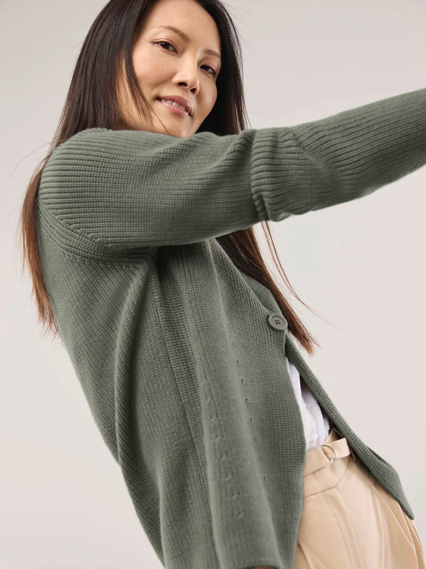 Walbusch Strickjacke Damen Strickjacke in Patentstrick V-Ausschnitt Langarm Baumwolle Cardigan mit großem Knopf, pflegeleicht & atmungsaktiv, Länge 62 cm