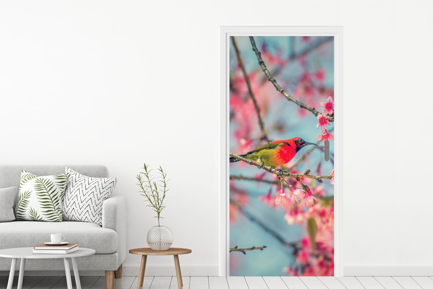 St), für Sakura Vogel - 75x205 Türaufkleber, Farben, Matt, Fototapete (1 cm MuchoWow bedruckt, - Türtapete Tür,