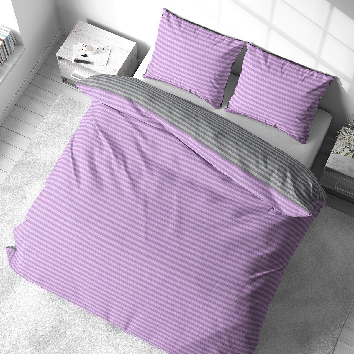 Visaggio Bettwäsche Baumwolle 135x200, 155x200, 155x220, 200x200, 200x220 oder 240x220, Renforcé, 3 teilig, Stripe Wendebettwäsche Streifen, mit Reißverschluss