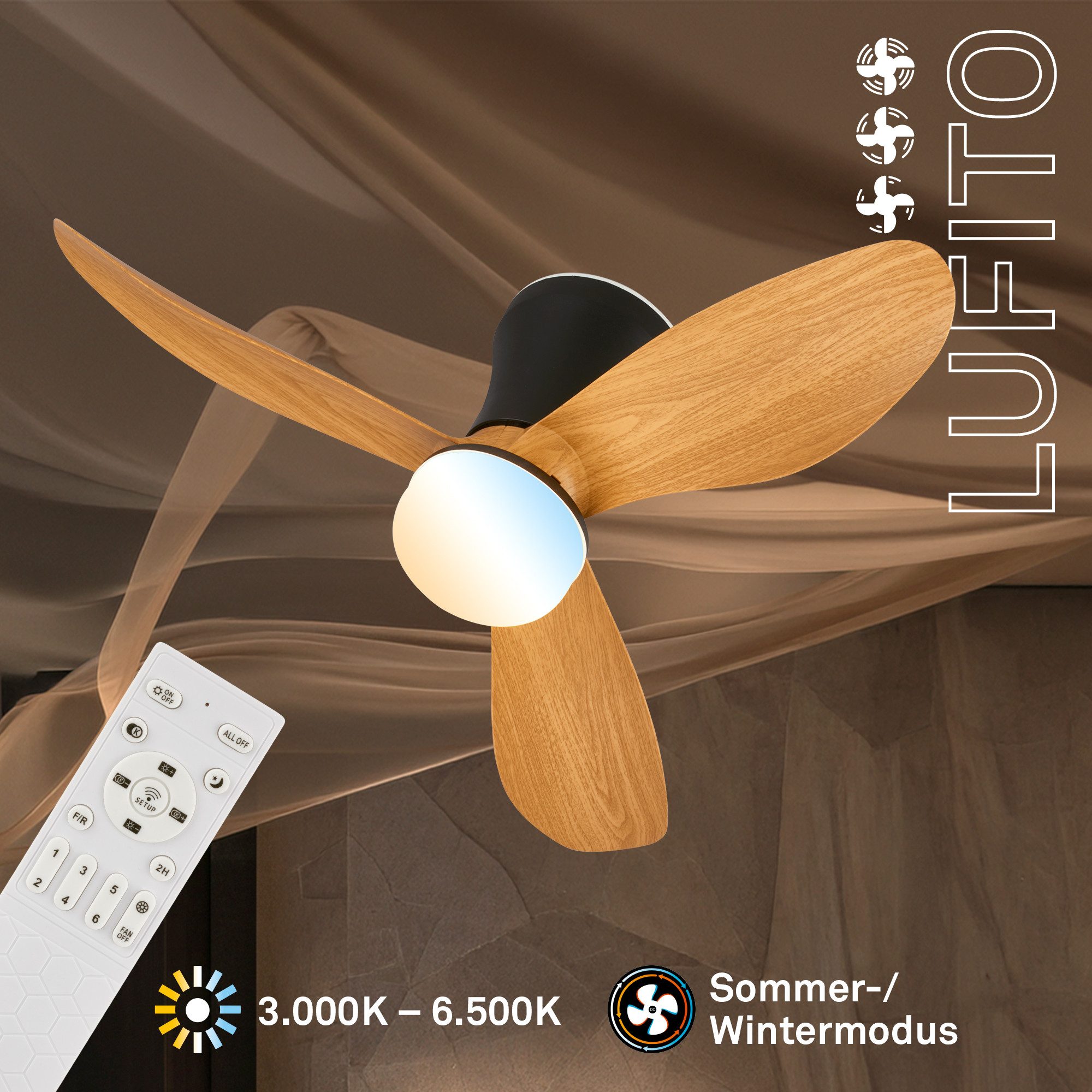Briloner Leuchten LED Deckenleuchte mit Ventilator dimmbar CCT Deckenventilator mit Licht Schlafzimmer, LED fest integriert, CCT, 3000-6500K, 78x26 cm, Schlafzimmer, Wohnzimmer, Esszimmer, Flur, Küche