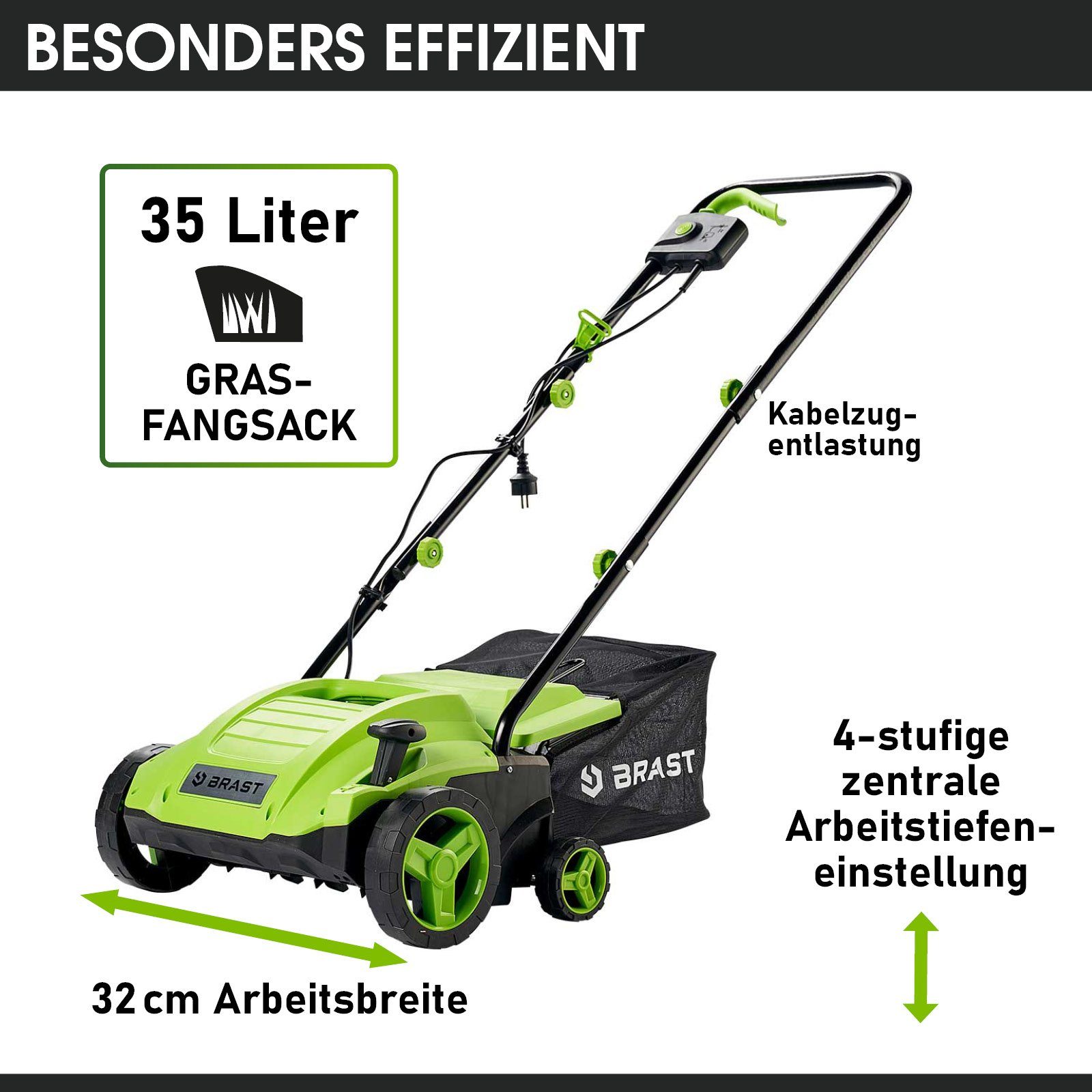 BRAST Elektro-Vertikutierer / Lüfter 1500 Watt Kombi Gerät, 32,00 cm Arbeitsbreite, (2in1-Funktion, 1 Vertikutier- und 1 Lüfter-Walze), Moosentferner