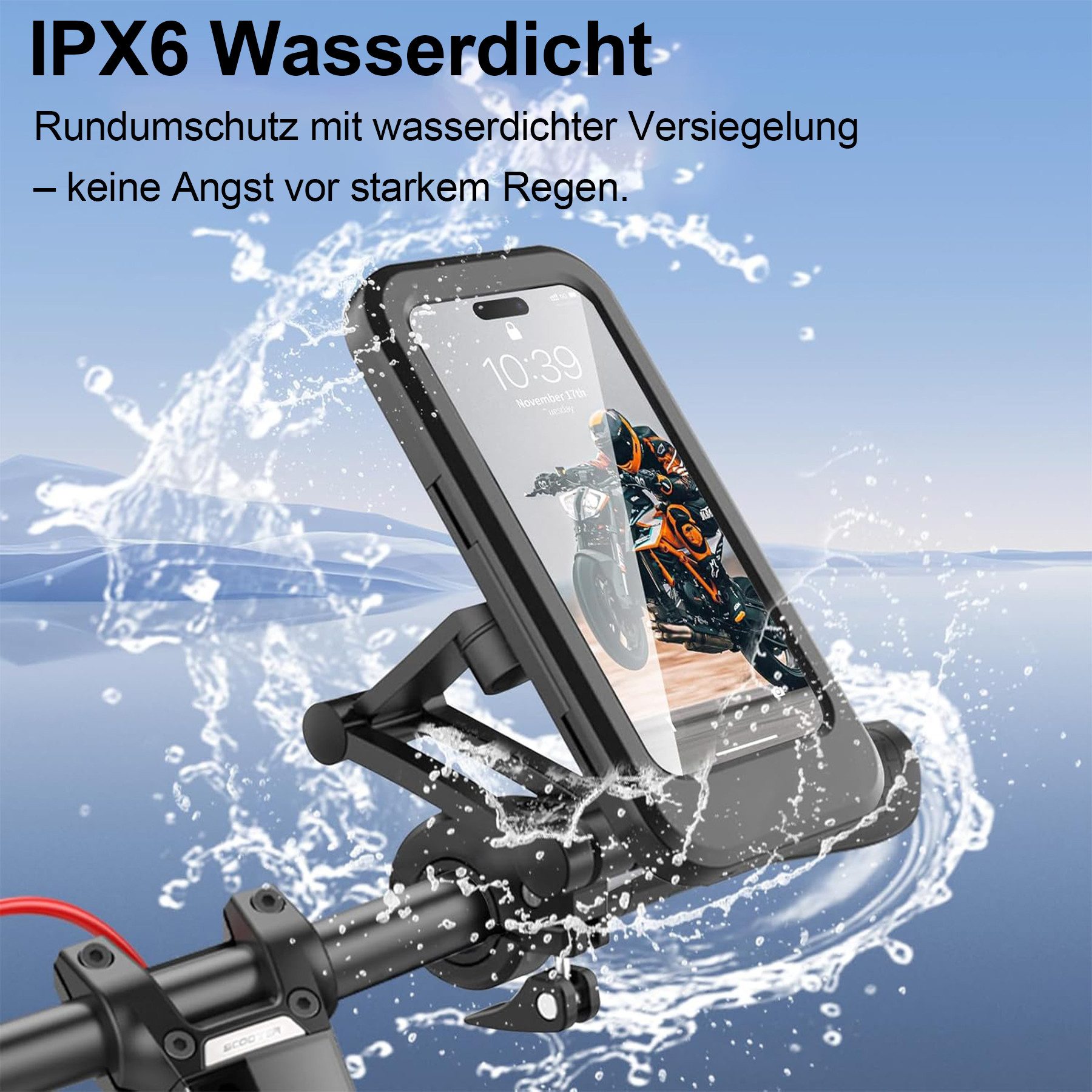 Mutig Handy-Halterung wasserdichte Motorrad Telefon Halterung Fahrrad Telefonhalterung, (bis 6.8 Zoll, 360° Drehbarer Handyhalter Universal-Lenkerinstallation,  – Bild 5 von 5