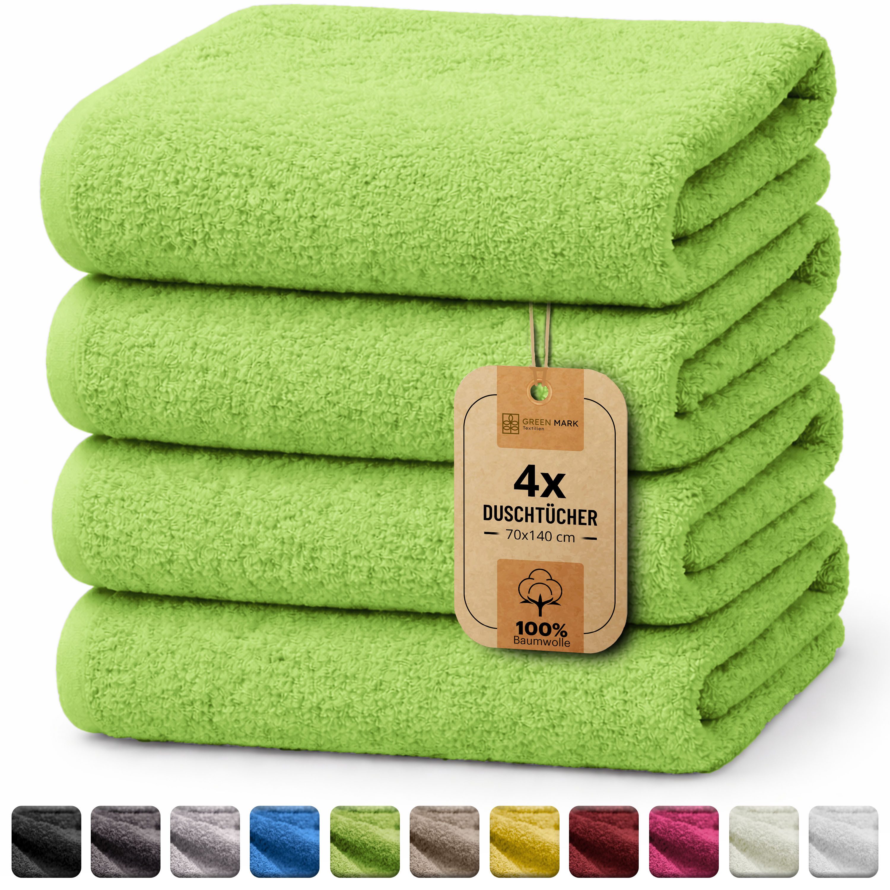 NatureMark Duschtuch 4er-Sparpack Frottier Duschtücher 70x140cm, 100% Baumwolle (4-St), Duschhandtuch 70x140cm Apfel grün