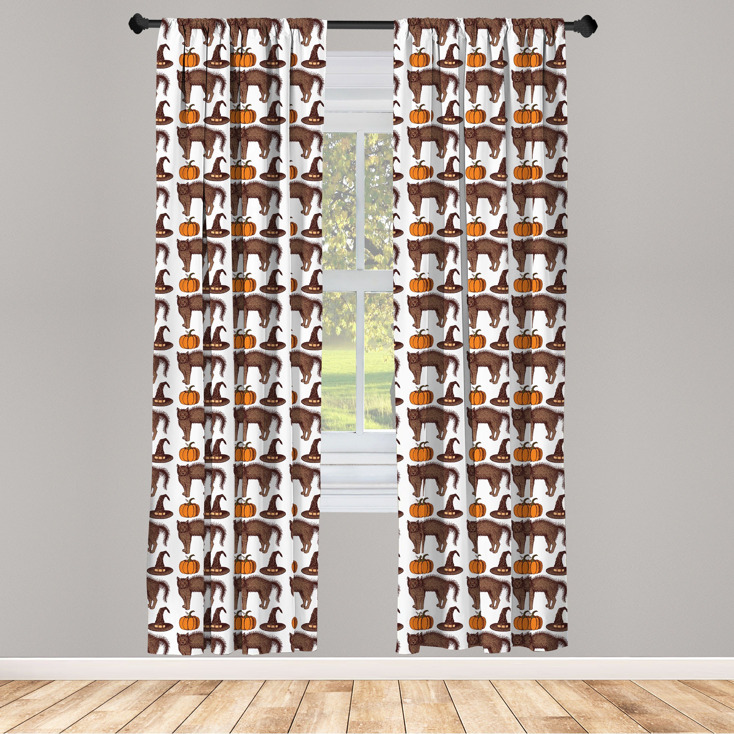 Gardine Vorhang für Wohnzimmer Schlafzimmer Dekor, Abakuhaus, Microfaser, Halloween Kürbis-Hexe-Hut-Katze