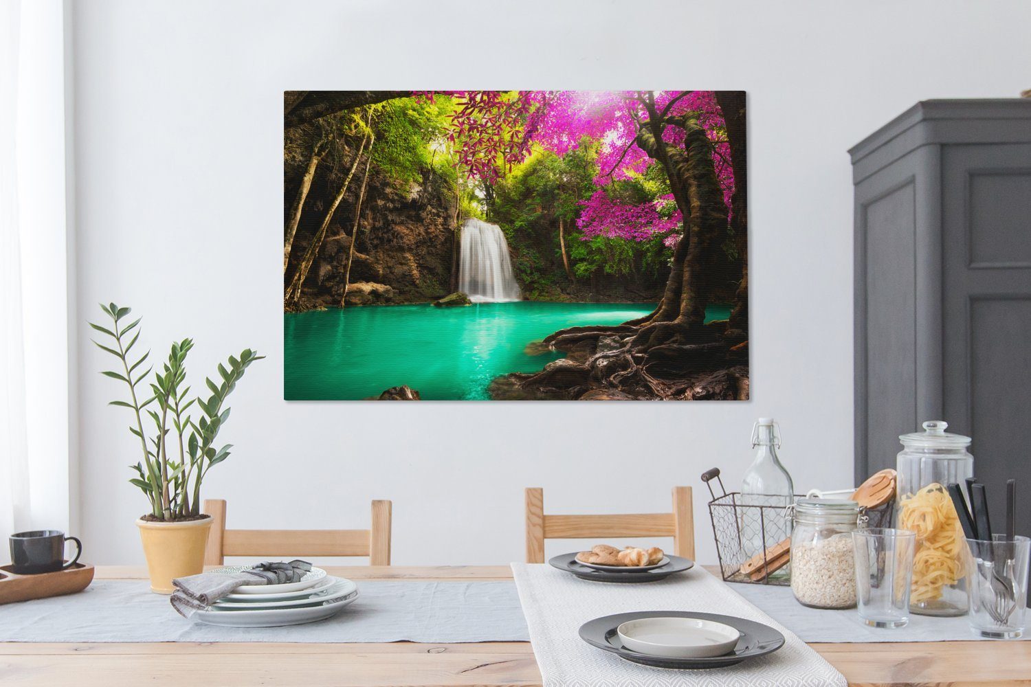 - Leinwandbild - Wohnbereiche, Wandbild Bäumen XXL, (1 cm Dschungel, für Blumen großes, bunten St), OneMillionCanvasses® Gemälde, 120x80 Natur und alle mit Wasserfall
