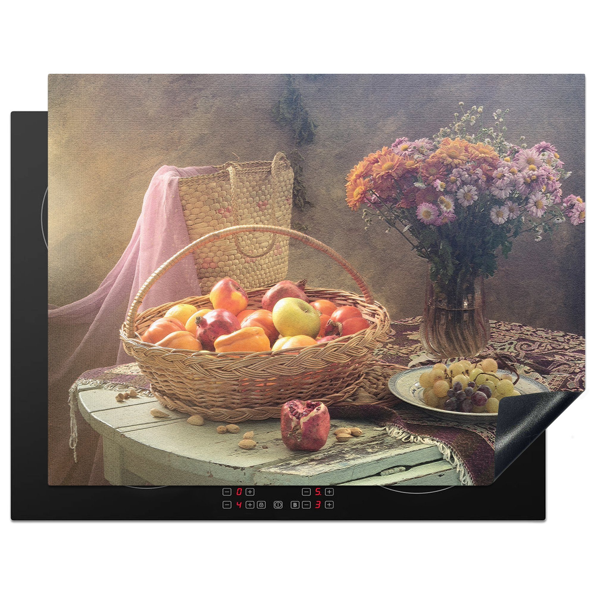 - Vinyl, (1 Malerei - Trauben Blumen für MuchoWow - Herdblende-/Abdeckplatte Ceranfeldabdeckung, Stillleben Äpfel Arbeitsplatte - Obst cm, 77x59 küche tlg), - Kunst, -