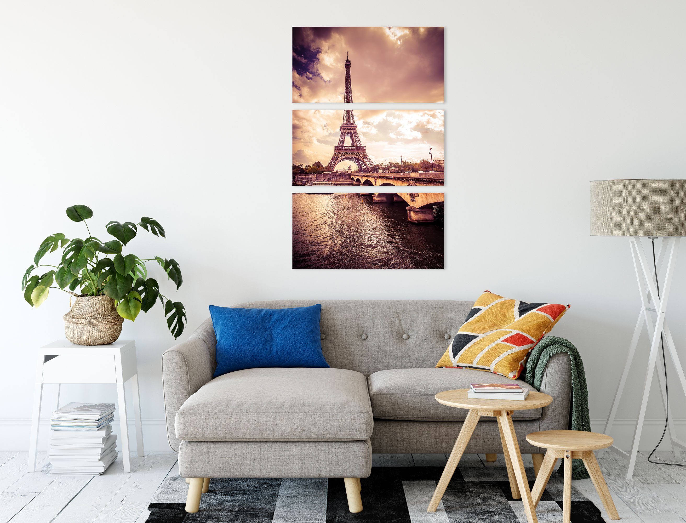 Paris, (1 (120x80cm) fertig Eiffelturm in St), inkl. Pixxprint Paris Zackenaufhänger 3Teiler in Eiffelturm bespannt, Leinwandbild Leinwandbild