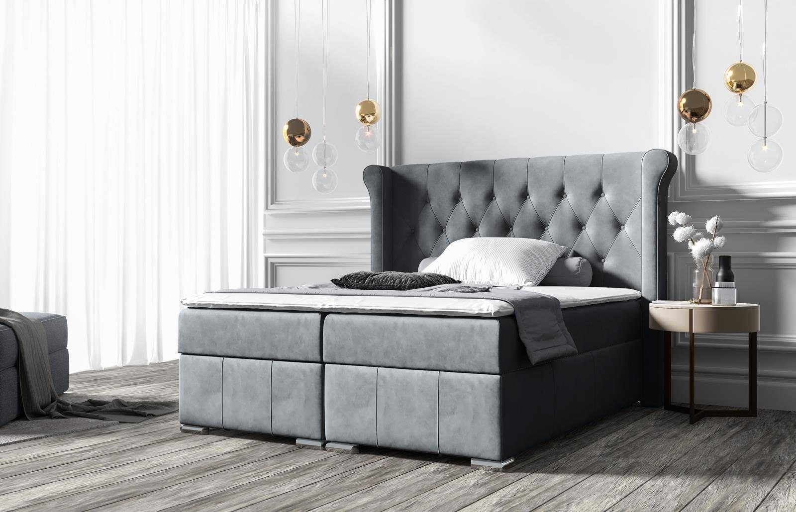 Beautysofa Boxspringbett Massi (mit 2 Bettkäasten, Bonnellfederkernmatratzen, mit Topper, mit automatische auf Federn), Kopfteil gesteppt und gepolstert