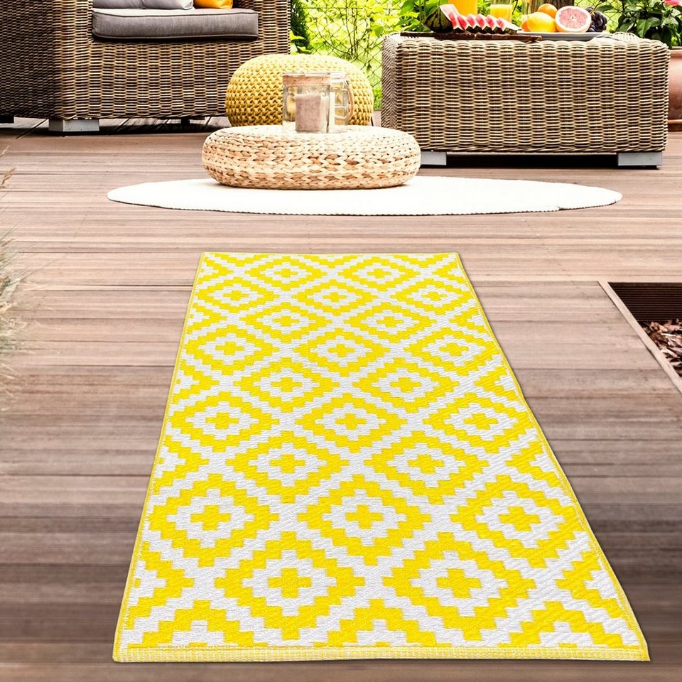 Outdoorteppich Wasserfester Ethno-Outdoor-Teppich in gelb weiß, Carpetia,  rechteckig