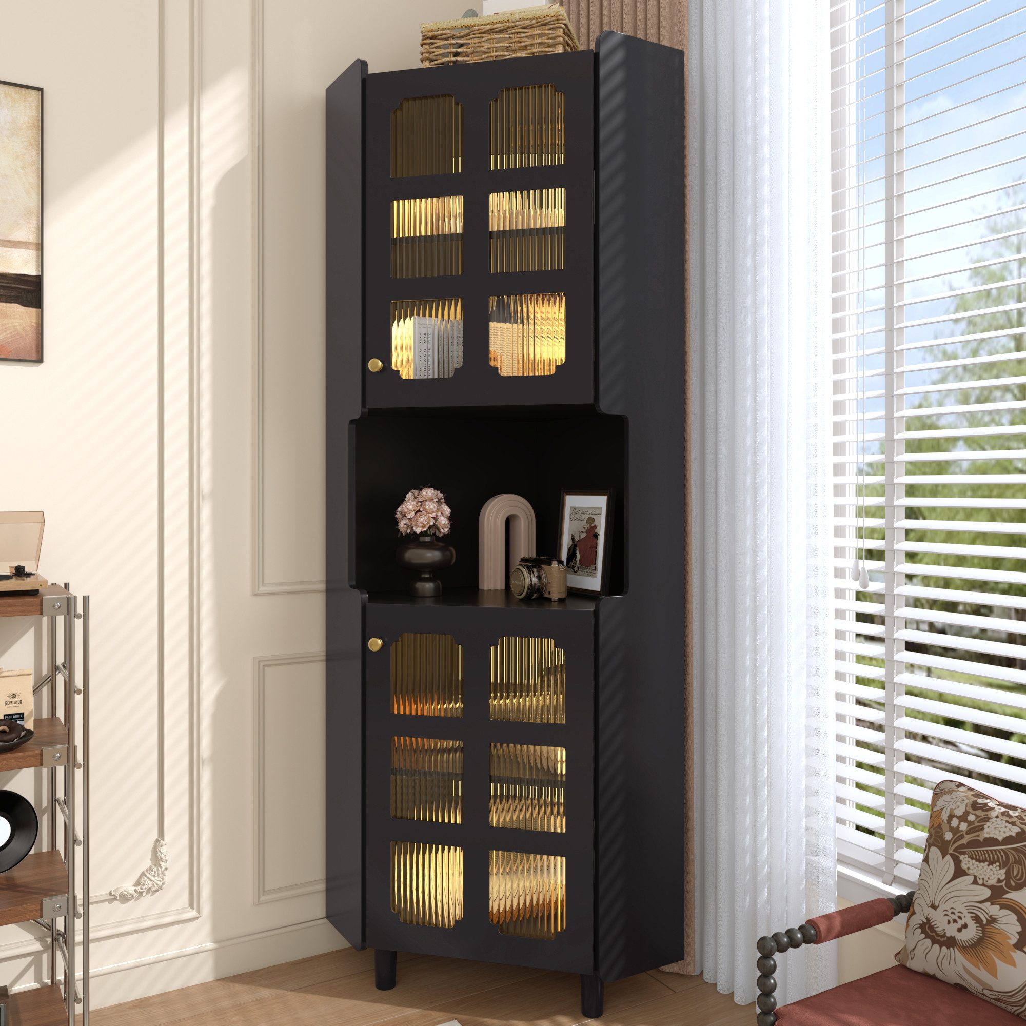 Flieks Badkommode Eckschrank mit LED-Beleuchtung und Glastüren (1 St., 63,5x45x157,5 cm), Hochschrank Mehrzweckschrank Eckkommode mit 5 Fächern Schwarz – Bild 3 von 5