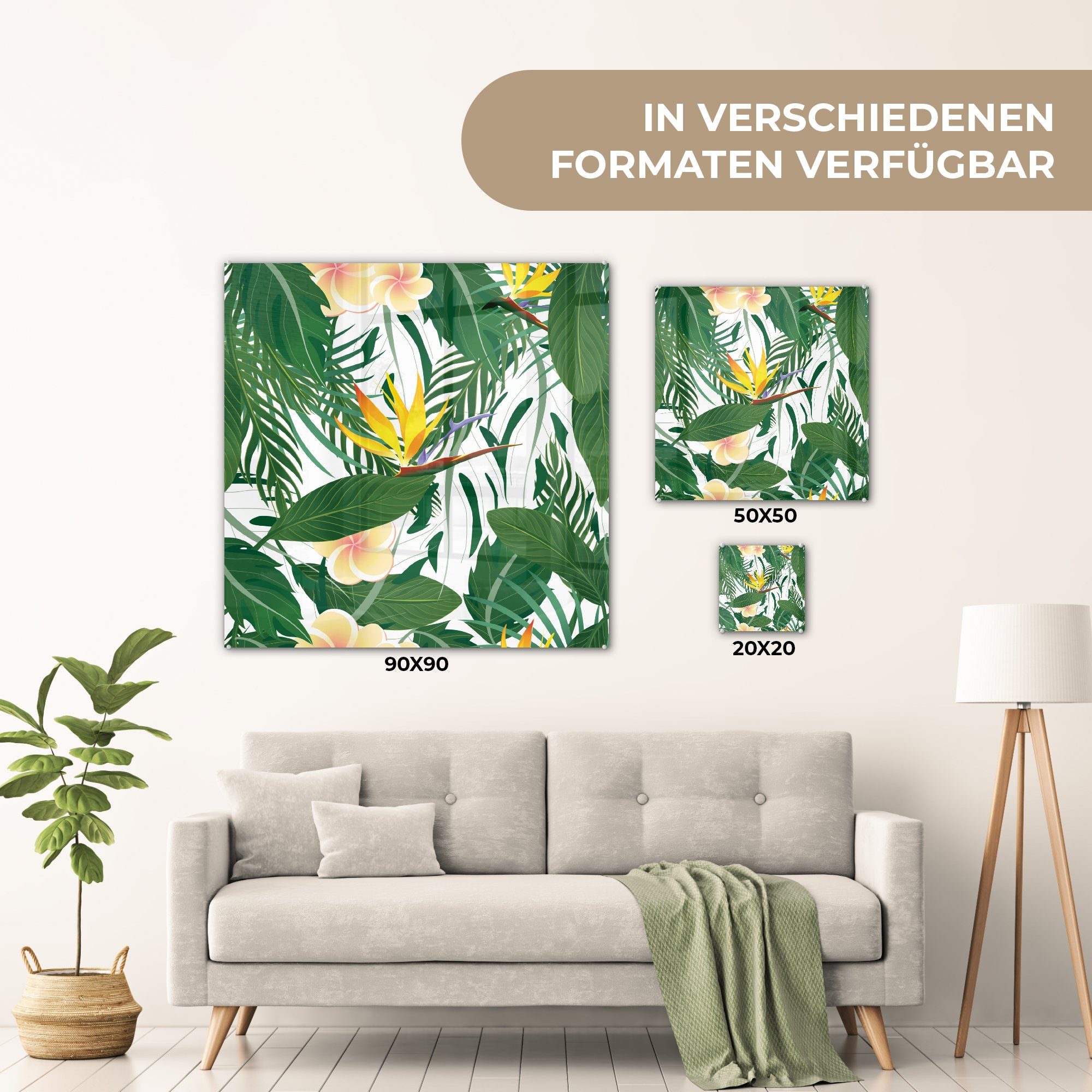 (1 - Blätter MuchoWow Wanddekoration Paradiesvogelpflanze, Blüten Glas Bilder St), Glas - Wandbild auf Glasbilder - - auf - Acrylglasbild Foto