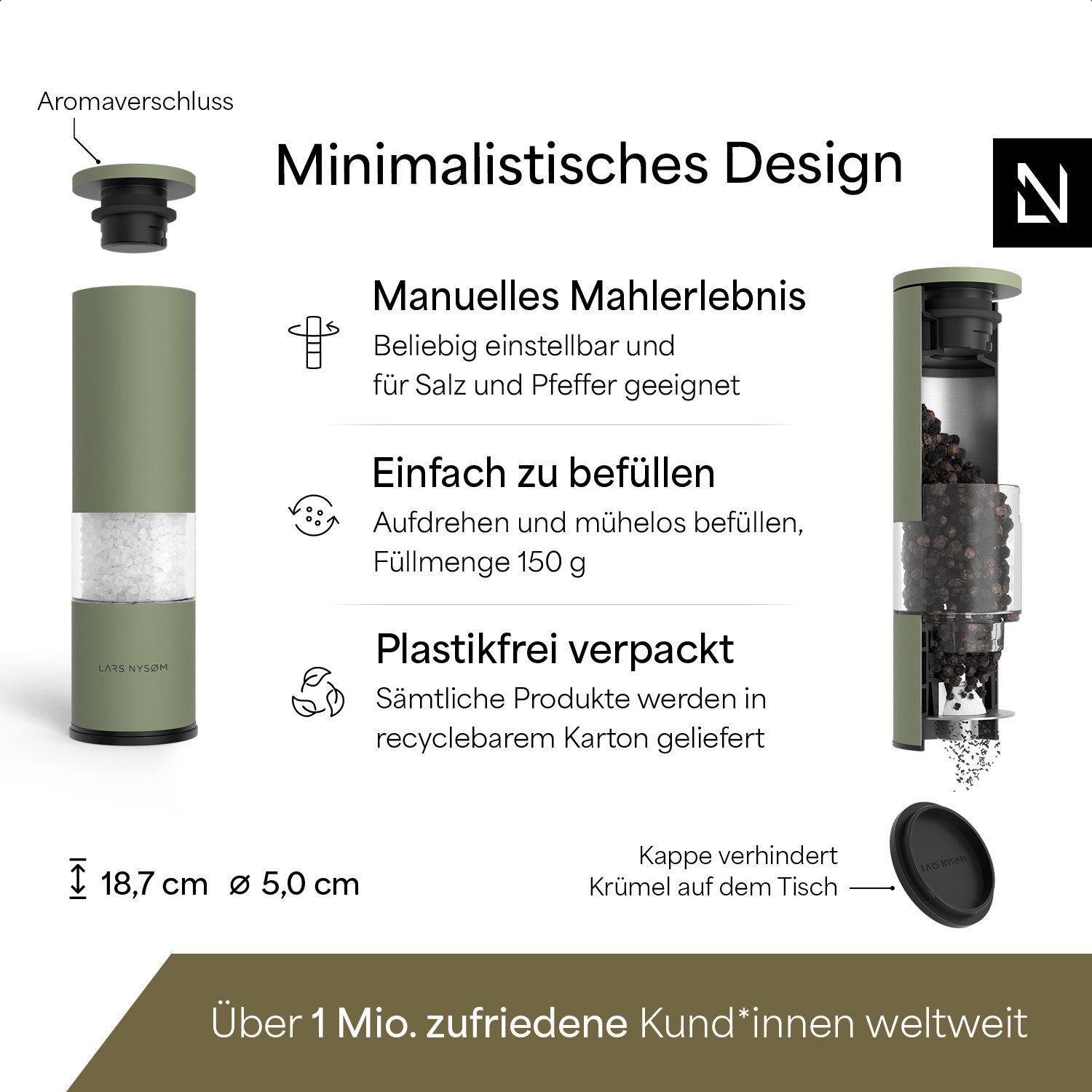 LARS NYSØM Gewürzmühle Lagom manuelle Bedienung, (2 Stück), Edelstahl Gewürzmühlenset mit Keramikmahlwerk (Stufenlos) – Bild 4 von 5
