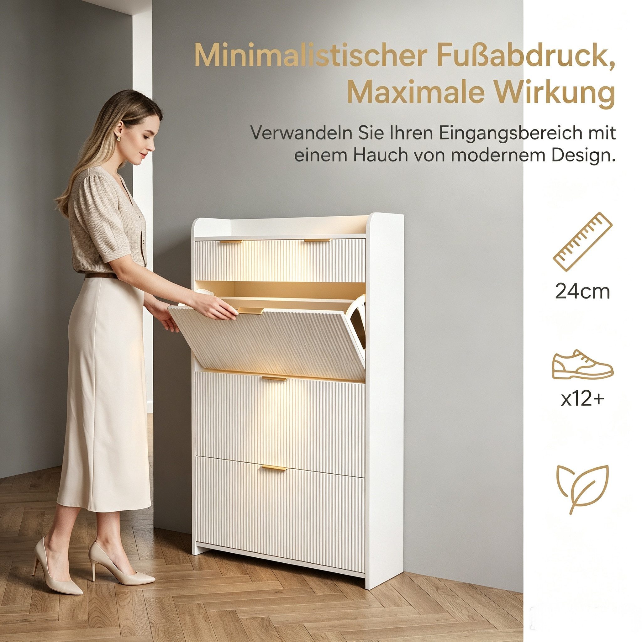 PXloue Schuhschrank mit 2 Klappen Schuhregal Schukipper( mit Kippsicherung) (mit 2 Schubladen) Schuhkommode im Flur Diele,Trennwand verstellbar, 110x24x80 cm – Bild 4 von 5