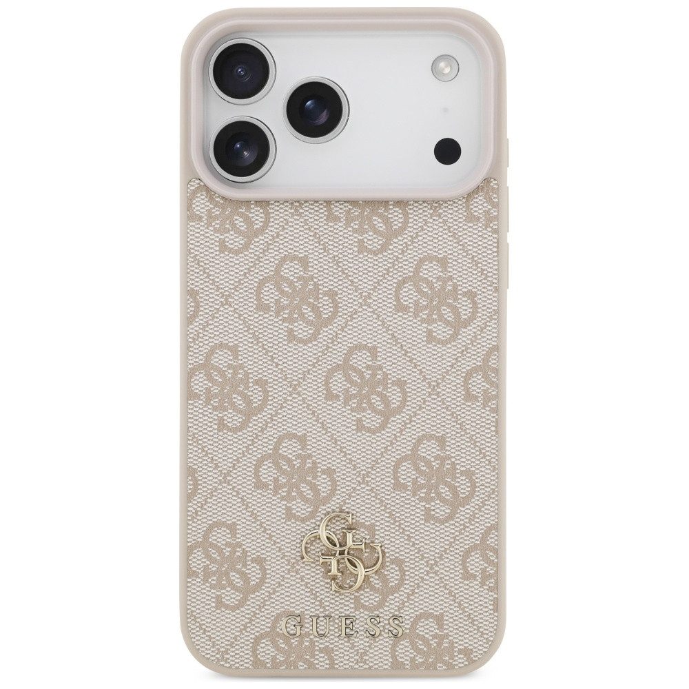Guess Handyhülle Case iPhone 17 Pro Max MagSafe Kunstleder rosa Logo goldfarben 6,9 Zoll, Kantenschutz