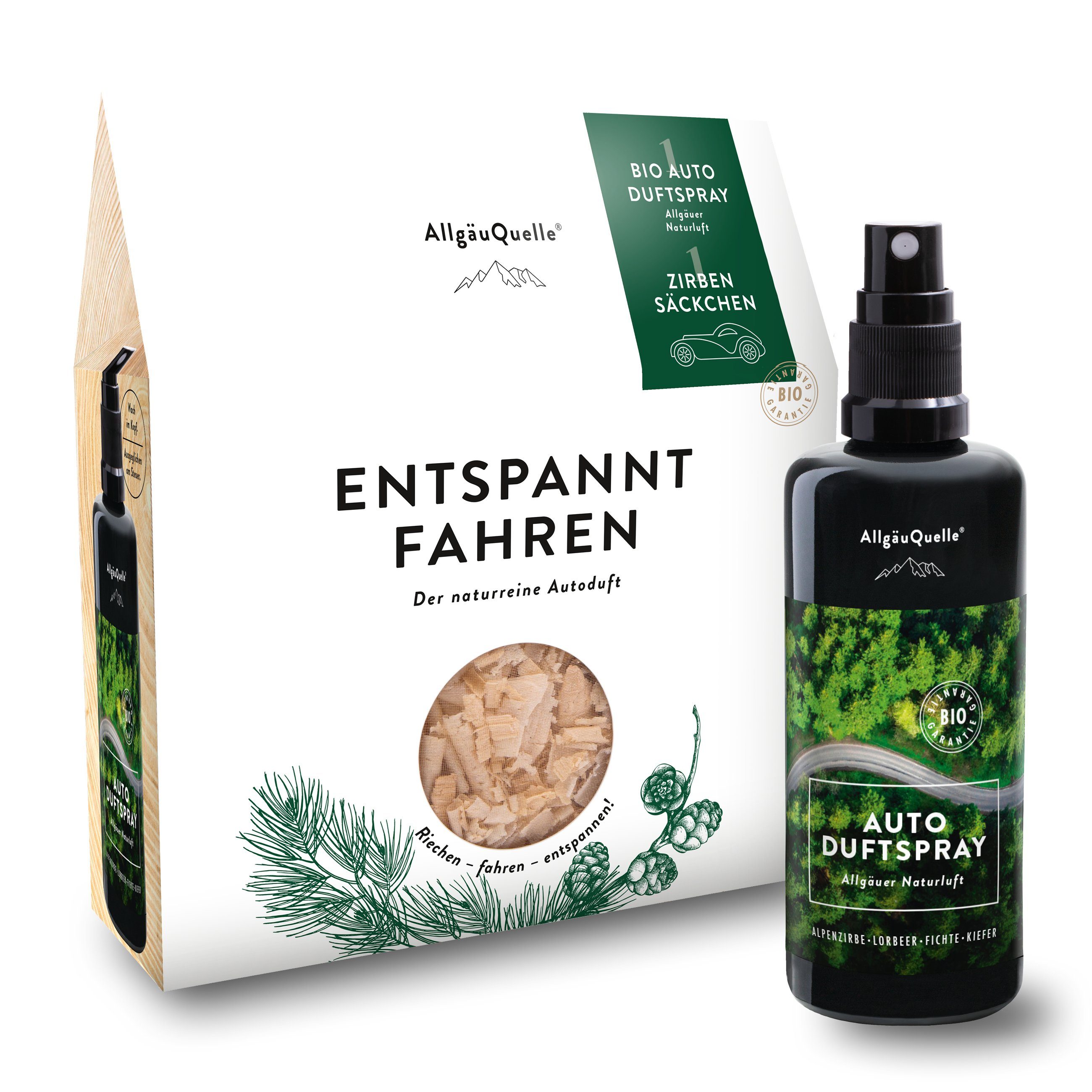 Allgäuquelle Raumduft BIO Auto Duftspray Set Naturluft (1 x 100ml + Zirben-Säckchen), mit 1 x 100ml Alpenzirbe, Lorbeer, Fichte und Kiefer + Zirben-Säckchen